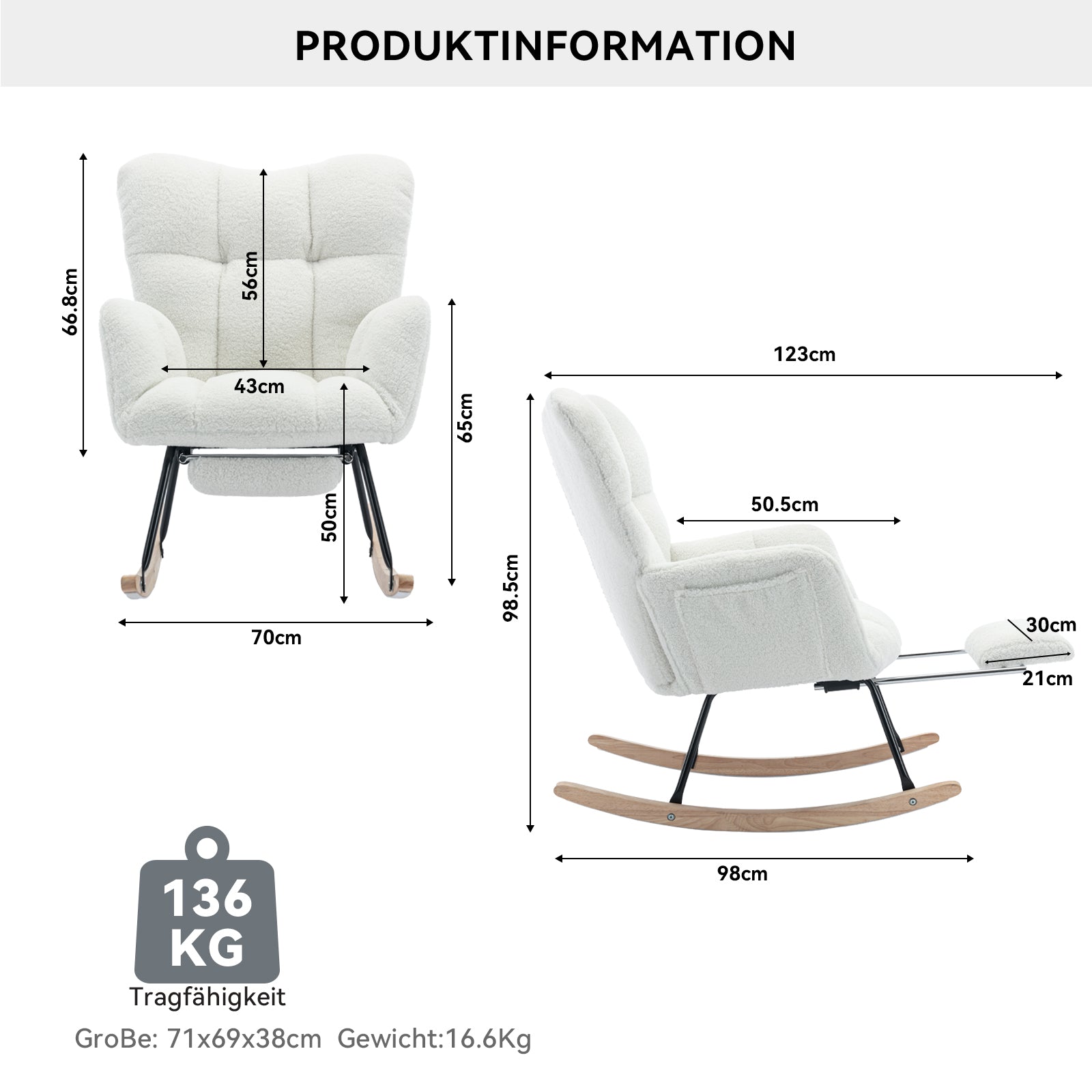009B Rocking Chair, Upholstered with Retractable Footrest, White Teddy Fabric