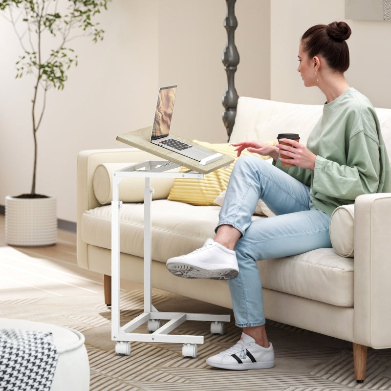 C-Shaped Sofa Side Table, Adjustable Height Tilting Desktop Mobile Laptop Desk, Oak and White