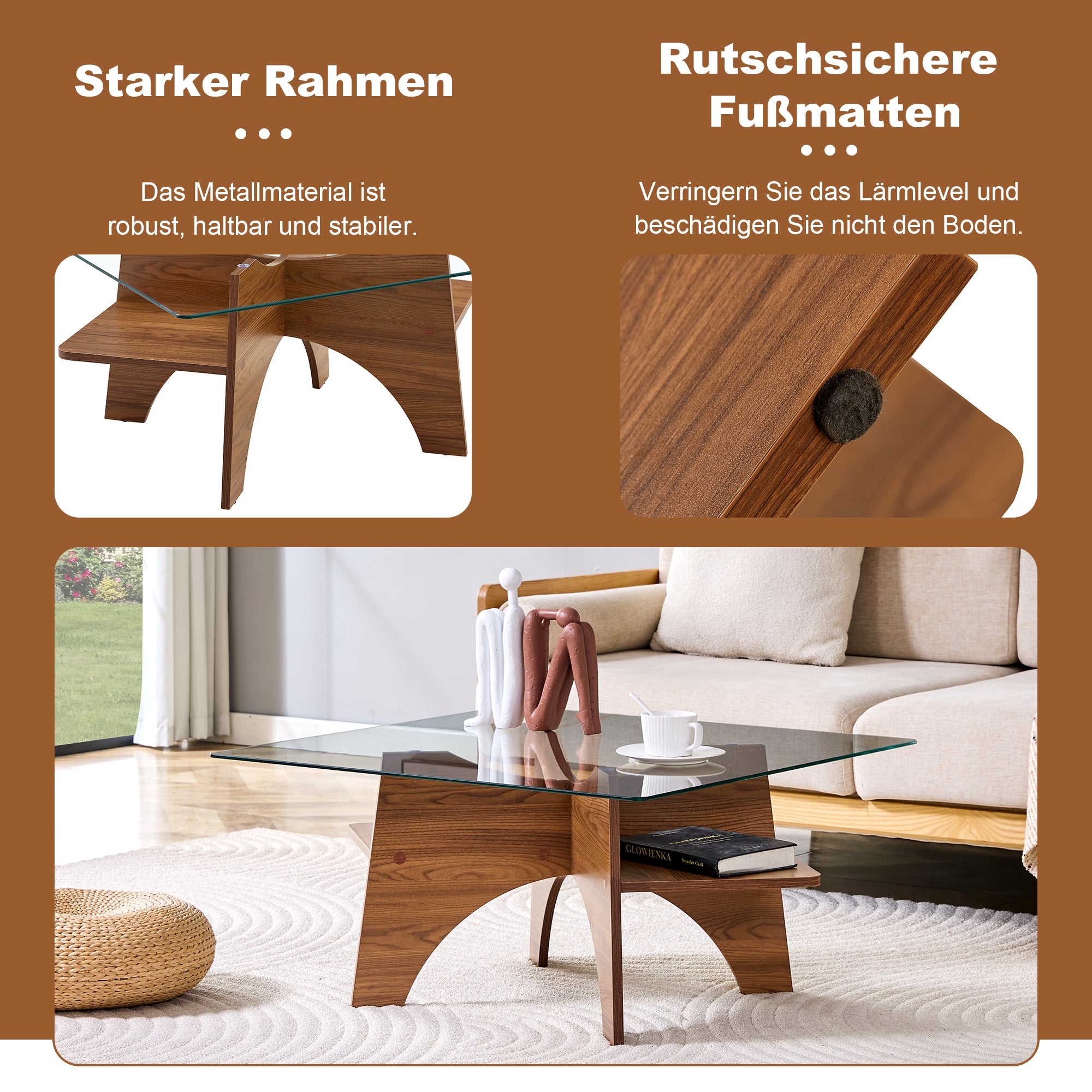 Square Side Table 80cm Tempered Glass MDF Legs - Walnut Finish