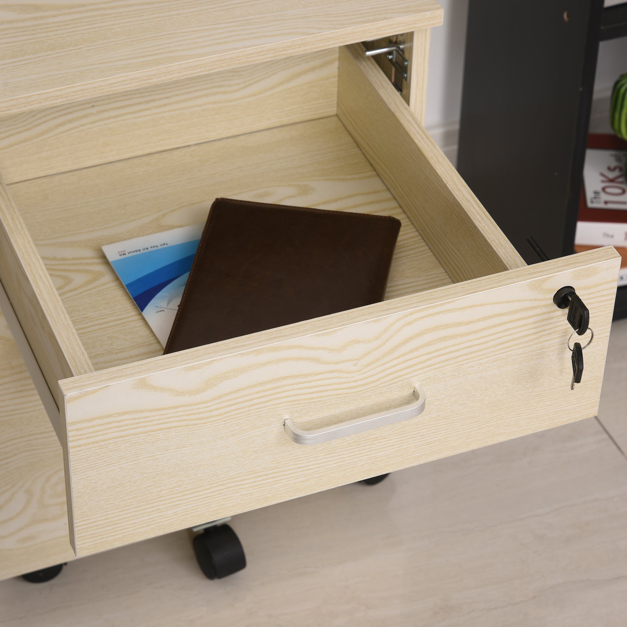 2-Drawer Filing Cabinet, Locking Rolling A4 Storage Cupboard, Oak Wood Grain