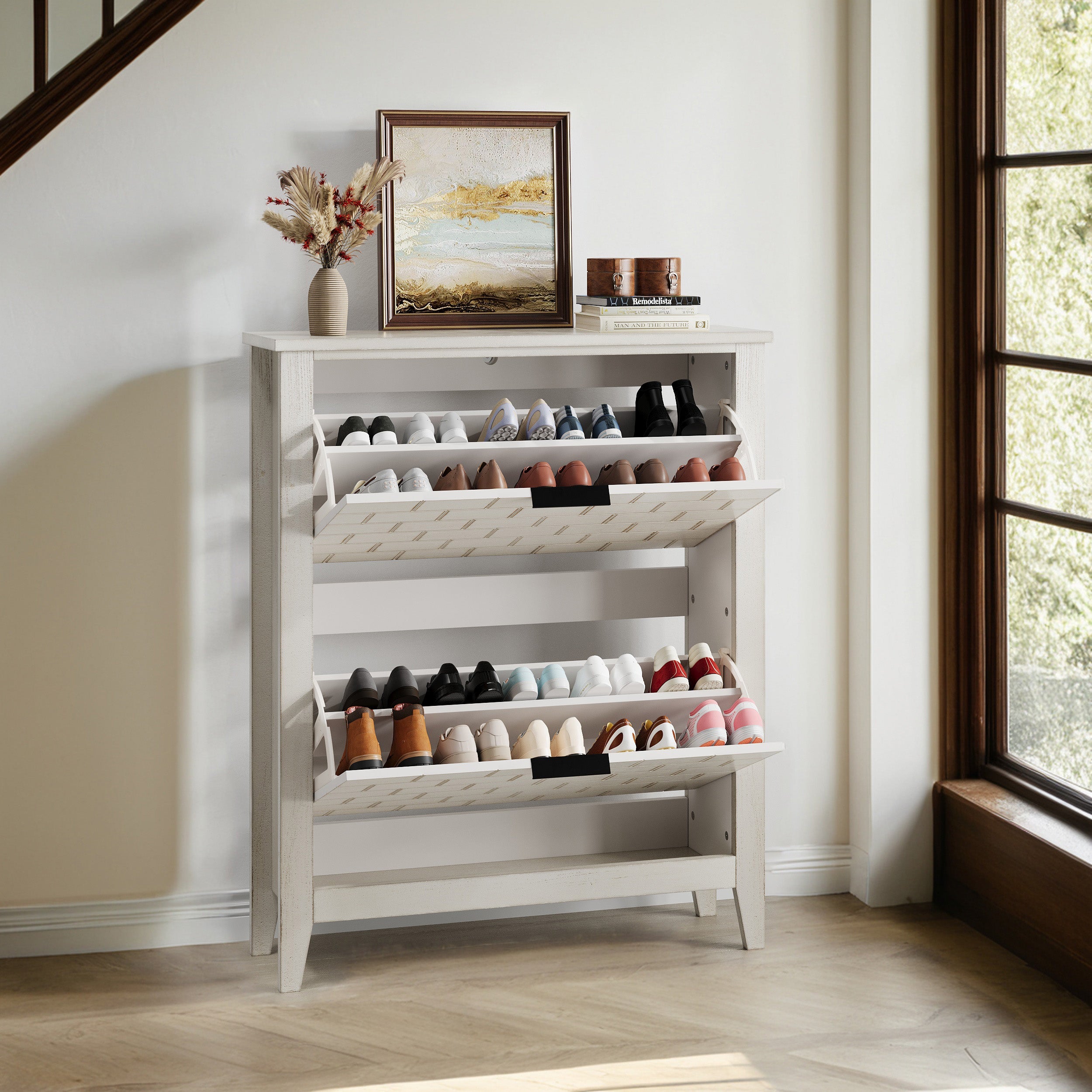 Vintage shoe cabinet, 80 cm, 2 folding drawers, white