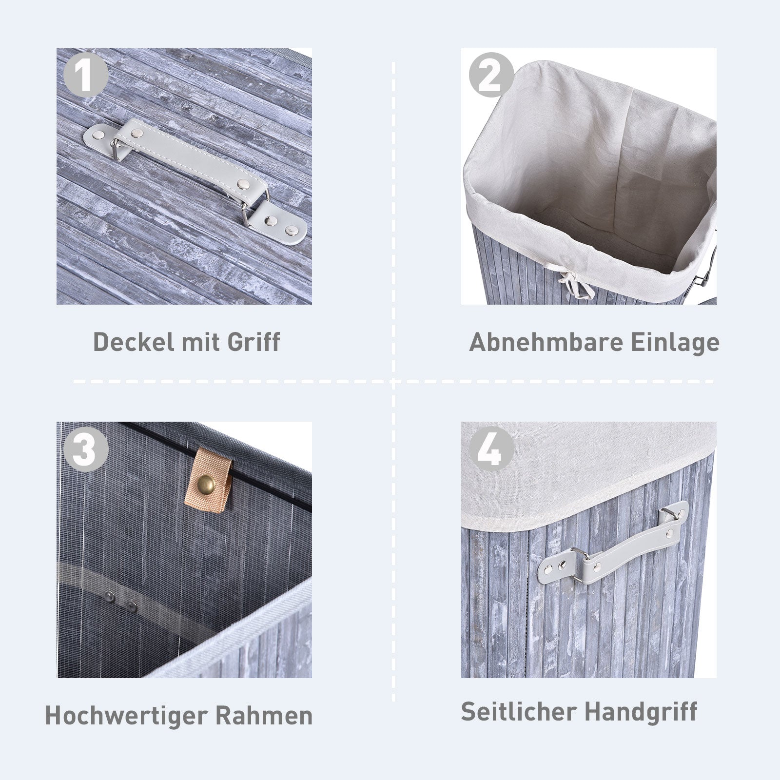 Laundry Basket 72L Foldable with Lid, Bamboo, Grey