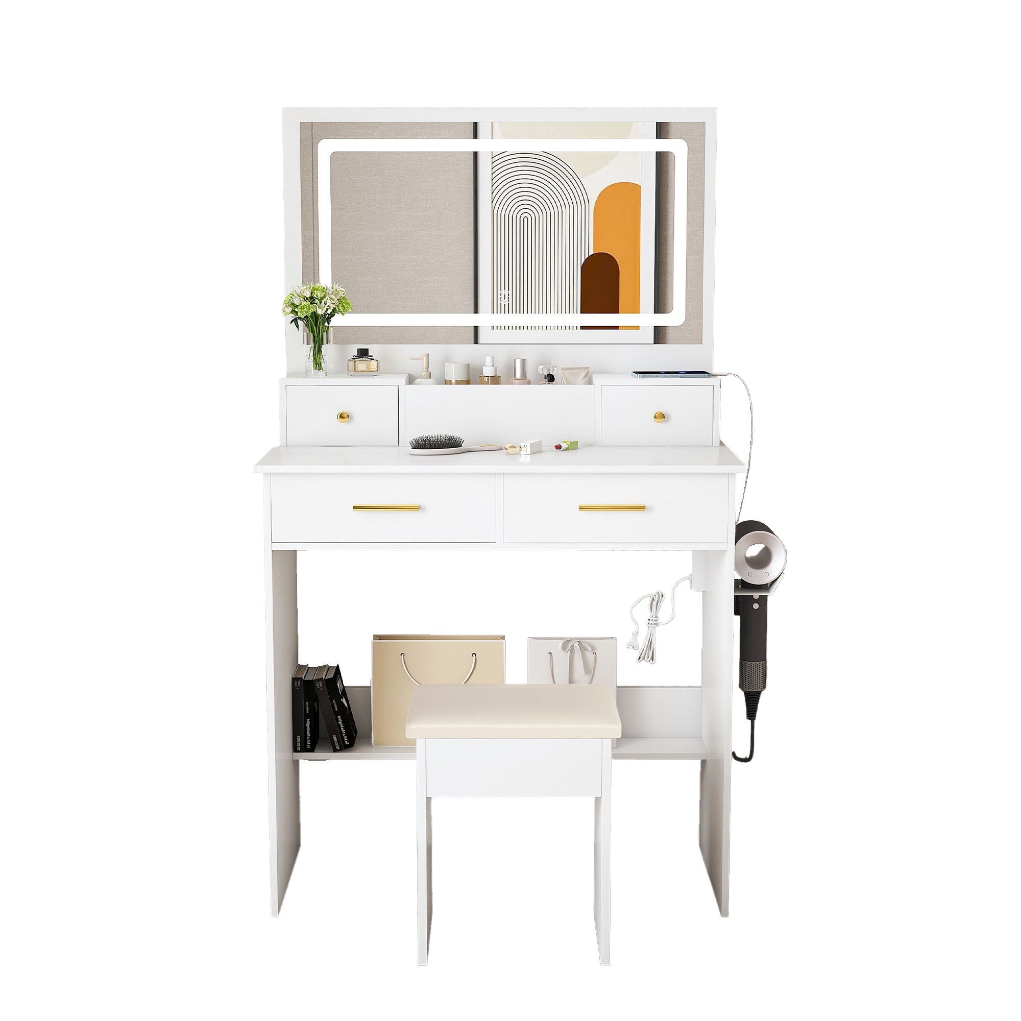 Bedroom Dressing Table, XXL Mirror, Stool, Socket, 4 Drawers, LED Light - White
