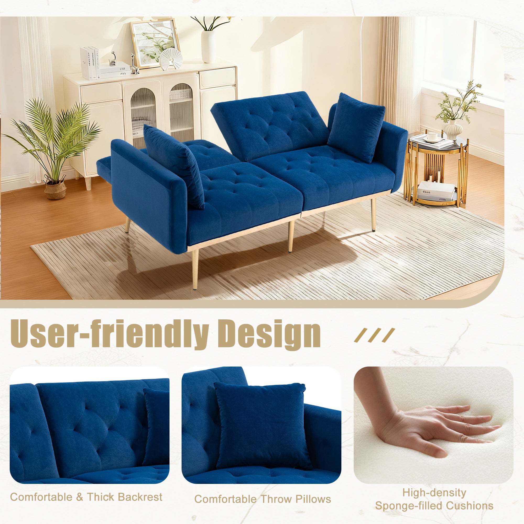 GOMYWAY 2-Seater Sofa Bed, 3-Speed Adjustable Backrest, Velvet Upholstery Navy