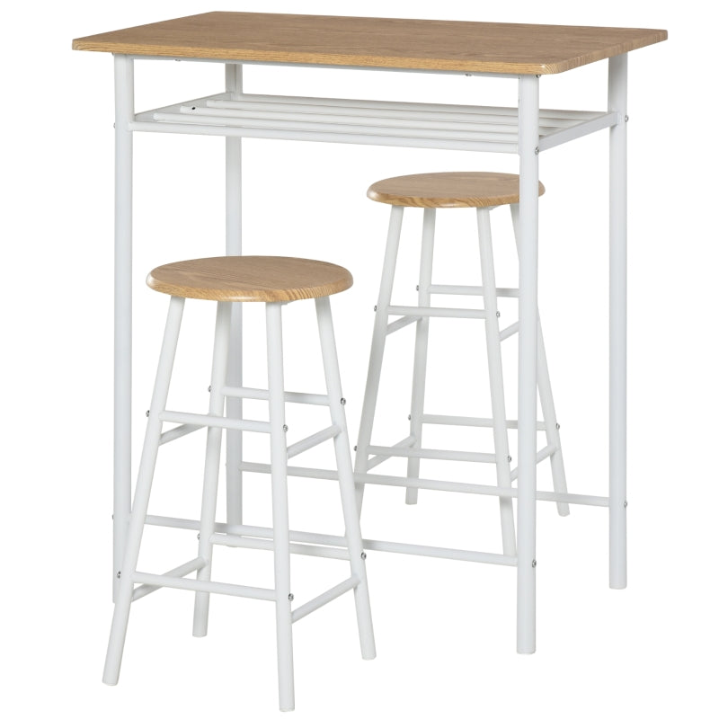 Bar Table and Stools Set, Footrest and Storage Shelf, White and Oak