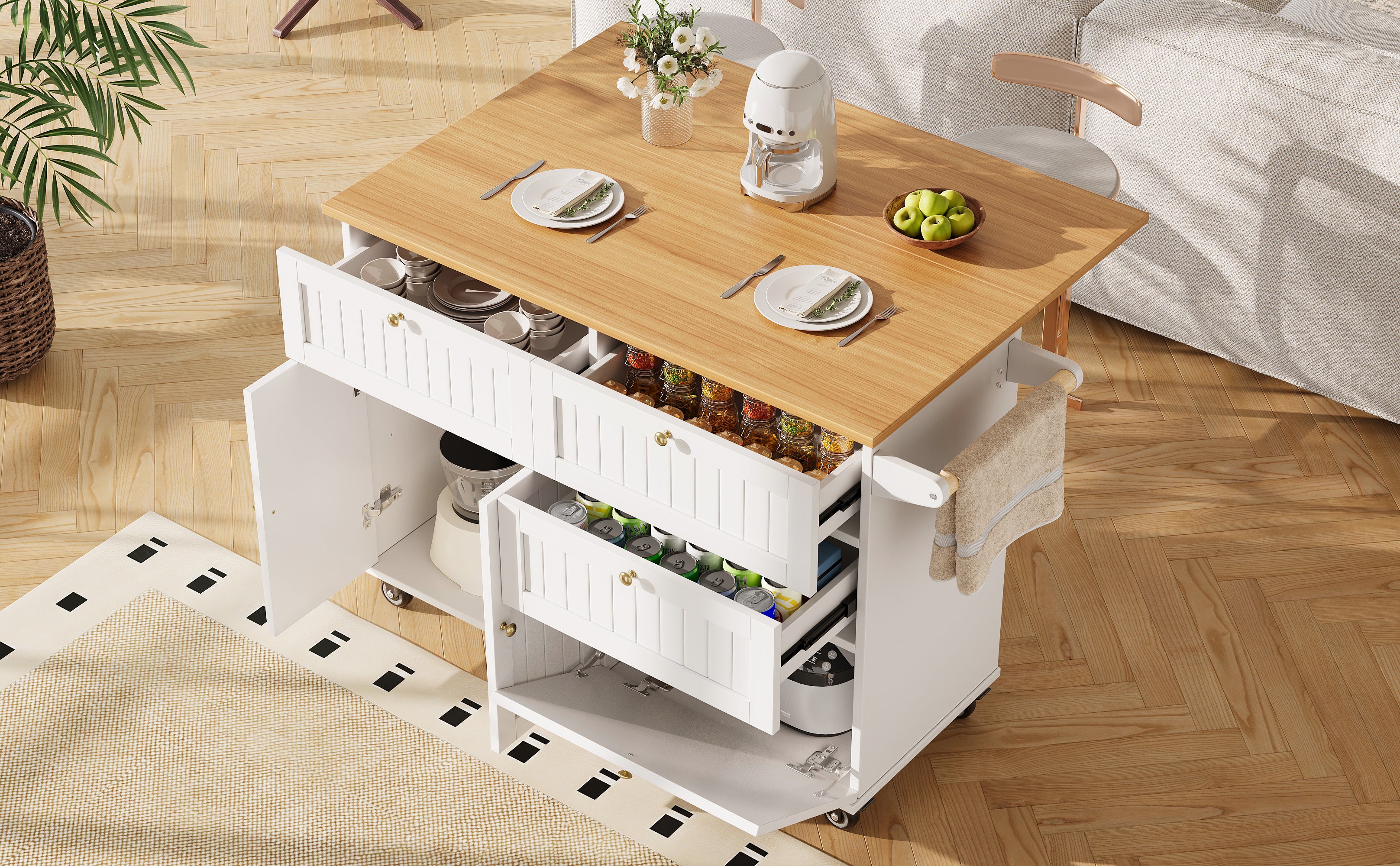 Modern Kitchen Island Extendable Dining Table Storage & Mobile - White