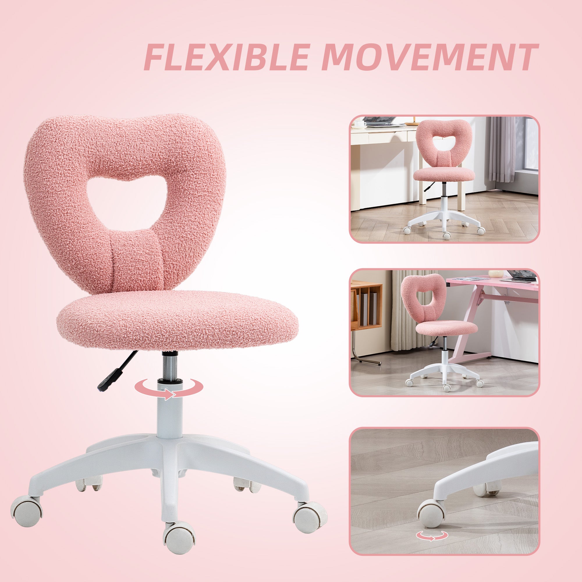 Armless Heart Chair Swivel Adjustable Height Wheels Teddy Fleece, Pink