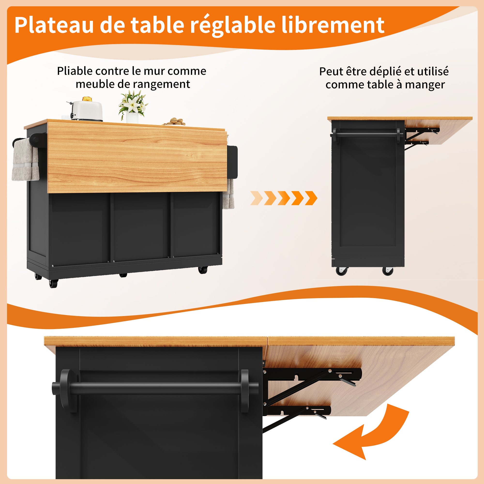 Kitchen Island Trolley Sideboard with Worktop Towel Rail Adjustable Storage Black