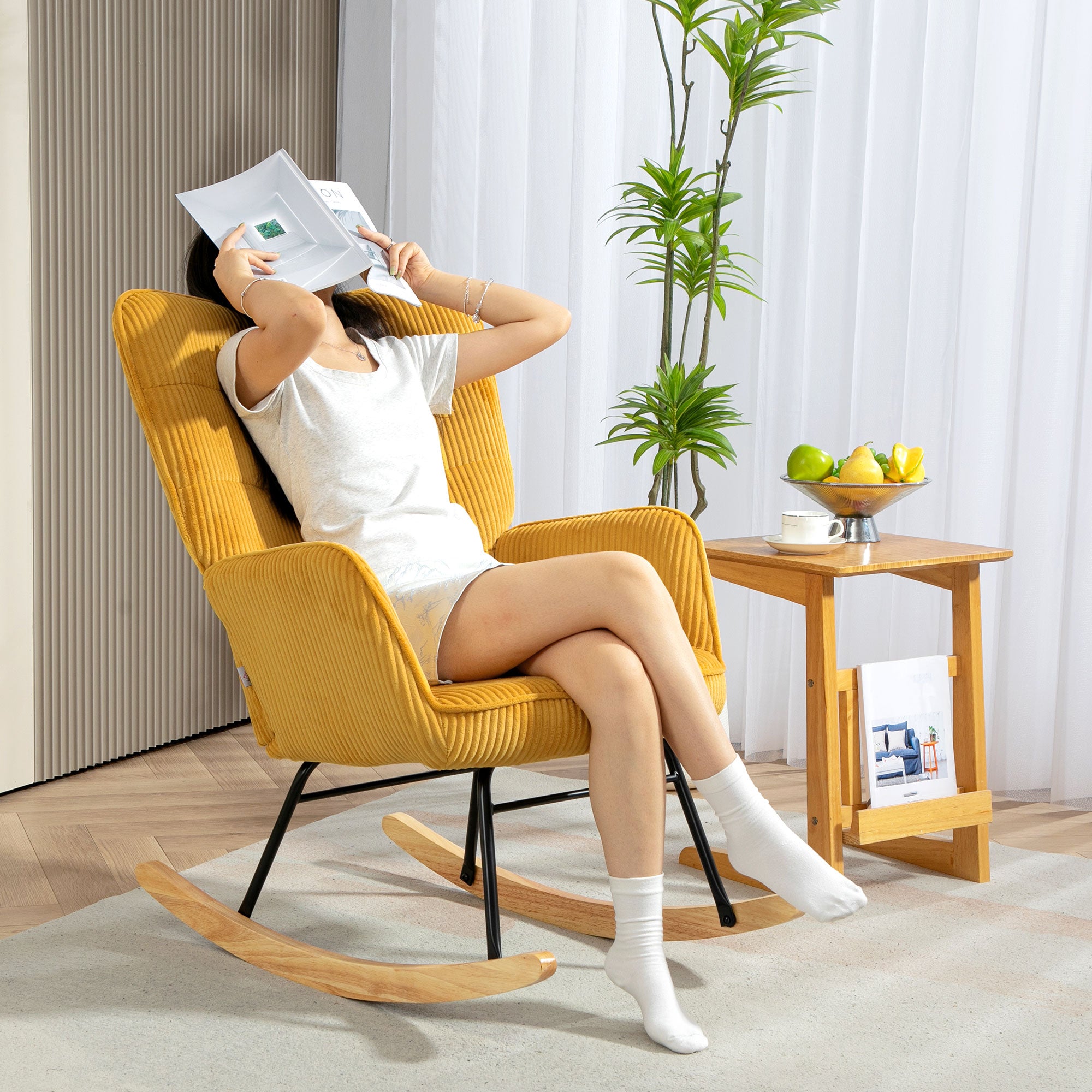 Rocking Chair/Armchair Berber Fleece Armrest Wooden Runners, Yellow