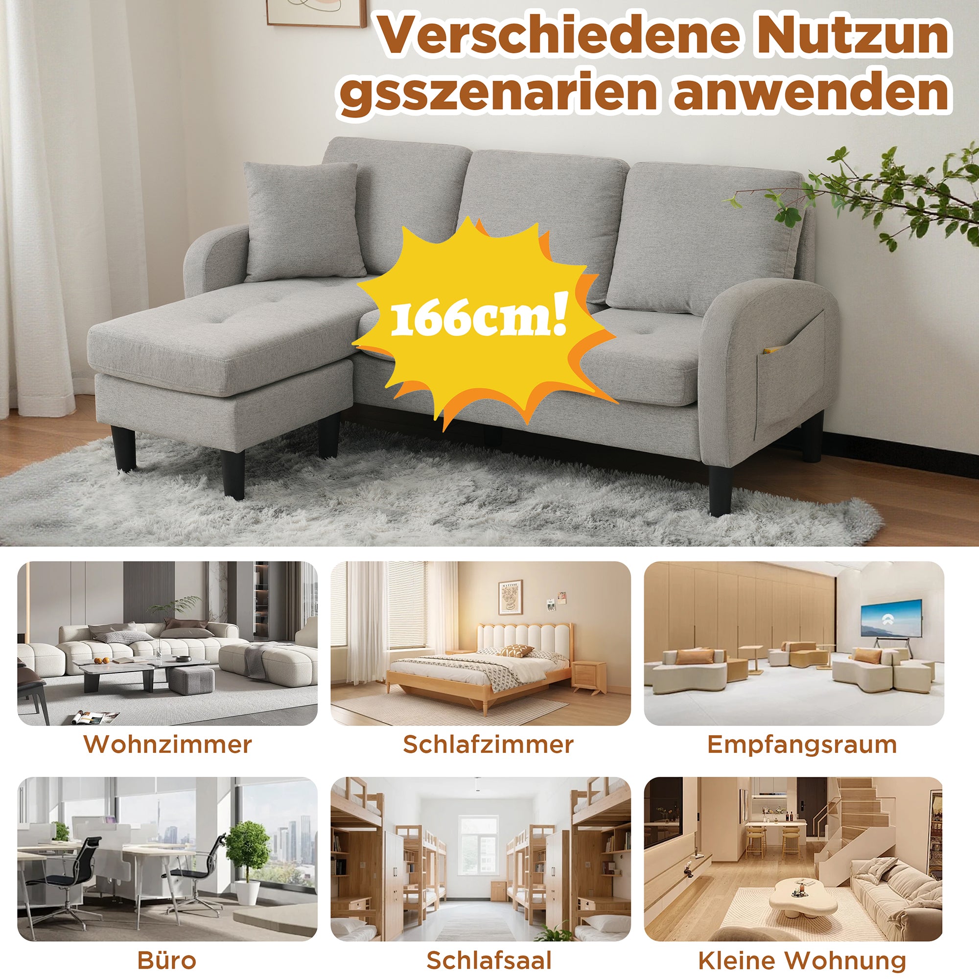 L-shaped Corner Sofa 3-Seater Chaise Longue Modular - Cotton-Linen