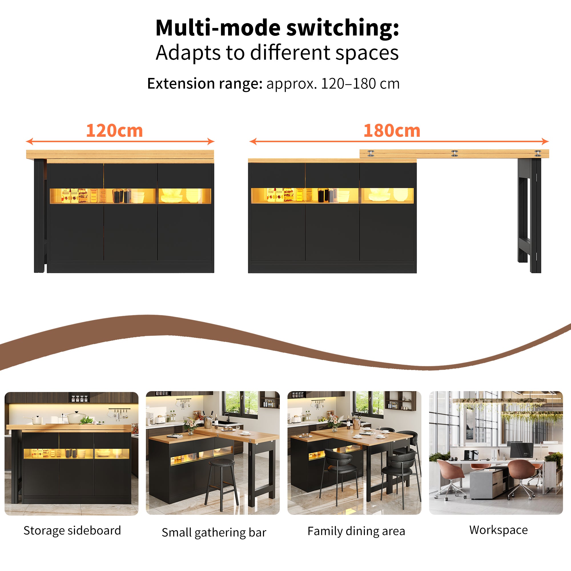 Extendable Bar Table with LED Lighting and 360° Swivel, 120-180cm Kitchen Island with Storage, MDF