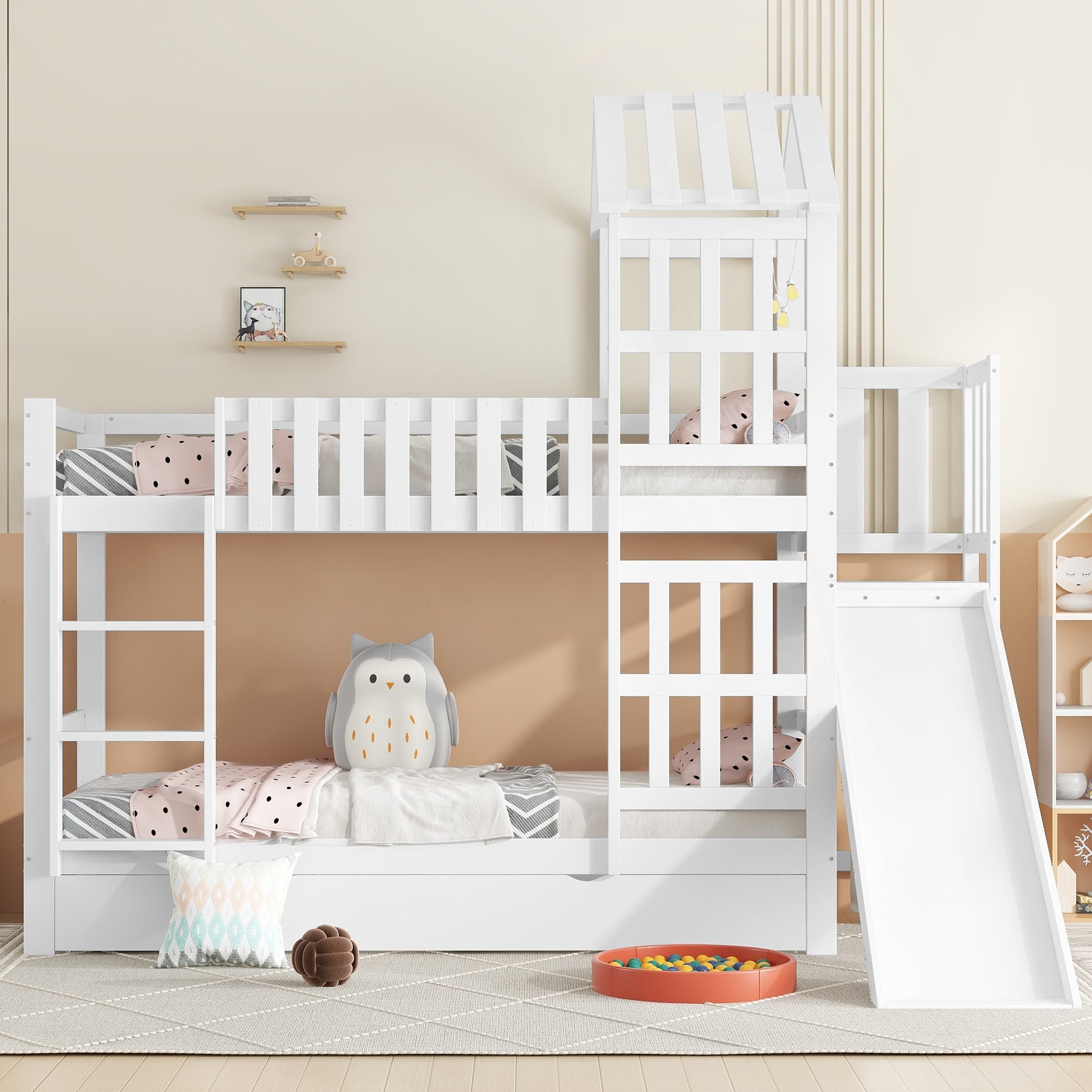 Bunk bed, children's bed with large drawer, fun slide, roof and window, white, Pine+MDF+Plywood