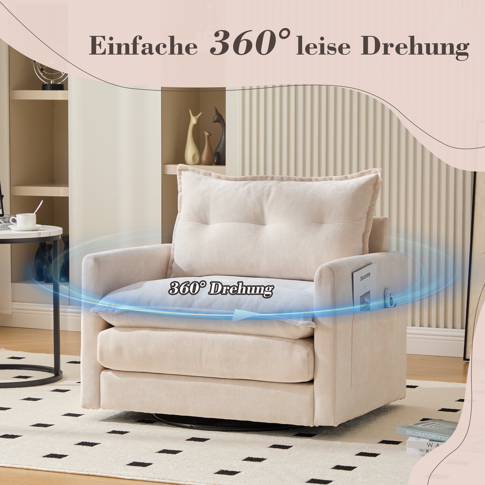 Lounge Chair, 360° Rotating, Armrests & Cushions, Modern Style