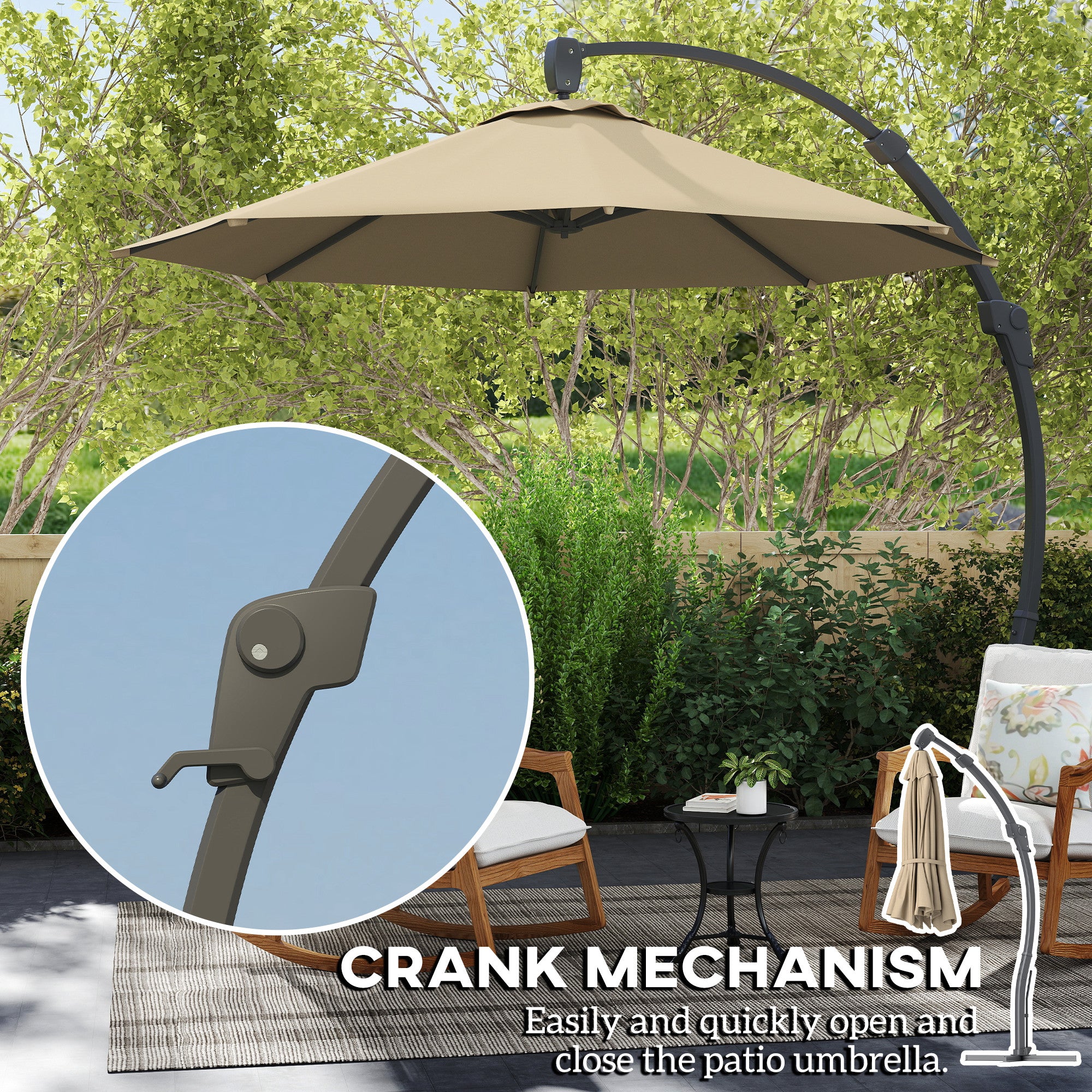 3m Cantilever Parasol, Round Overhanging Umbrella, Crank, 360° Rotation, Khaki