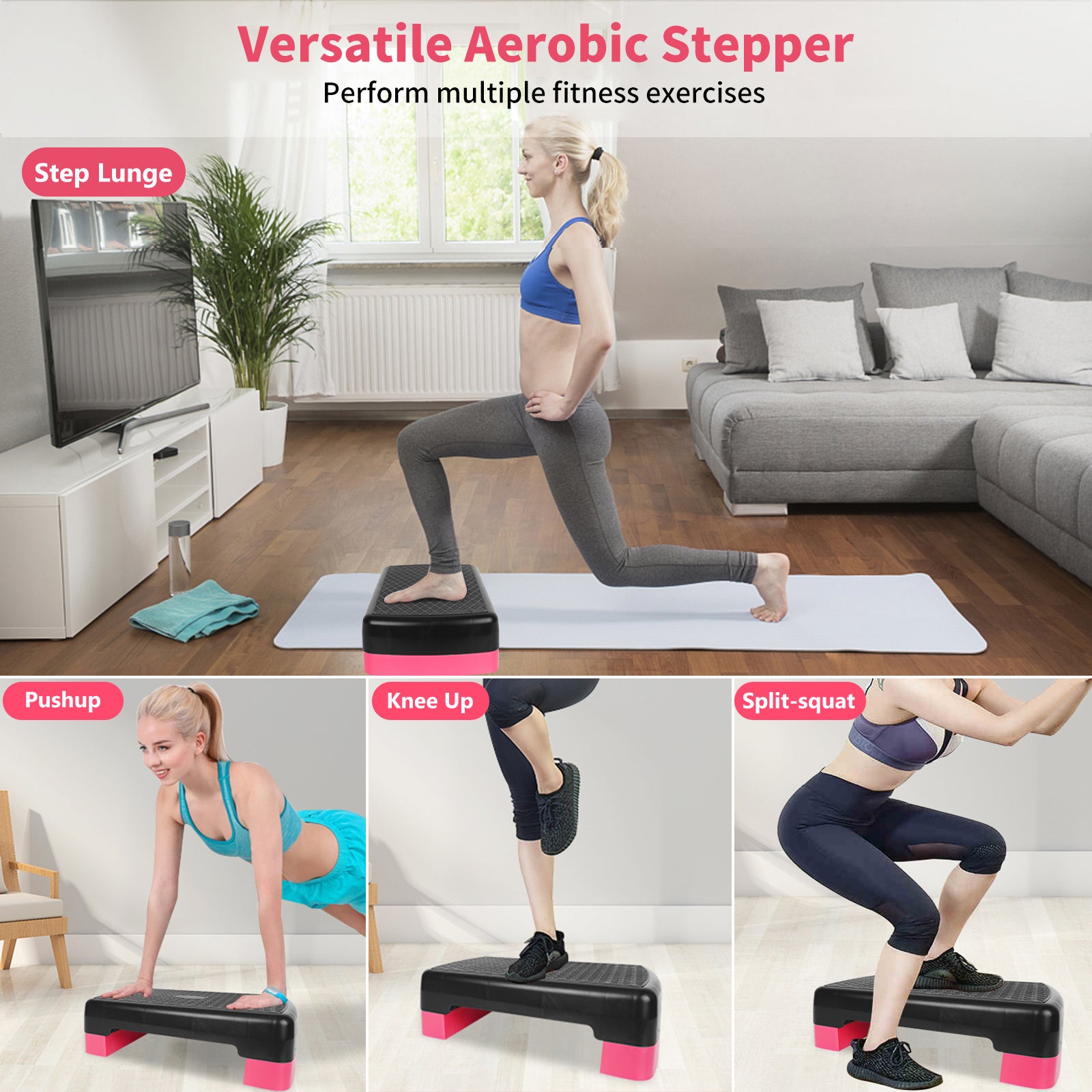 Fitness Step Platform Aerobic Stepper, 45.72cm Height Adjustable 10.16-15.24cm, Red