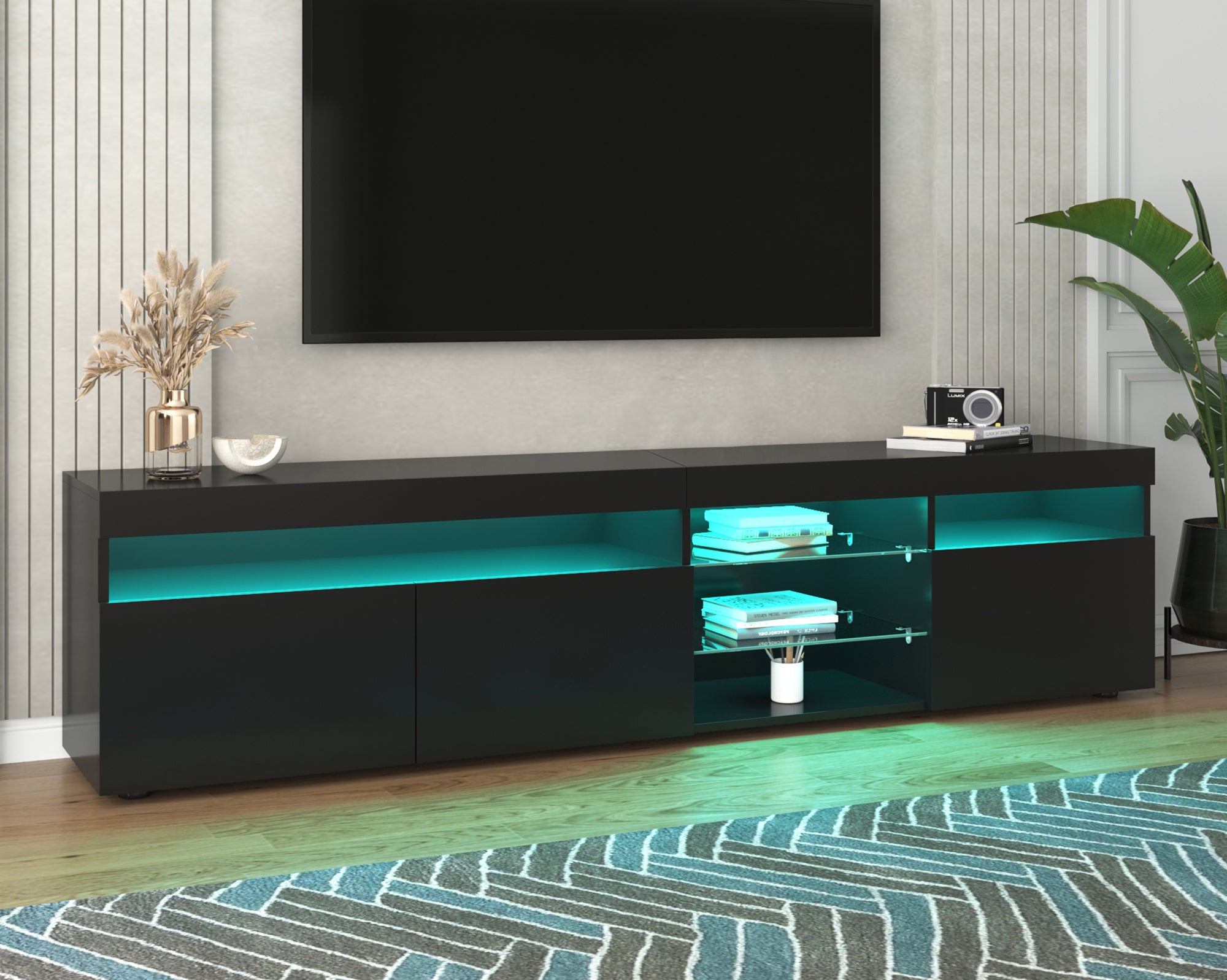 TV Cabinet, Modern with Bright Panel & LED Lighting, 180cm Black