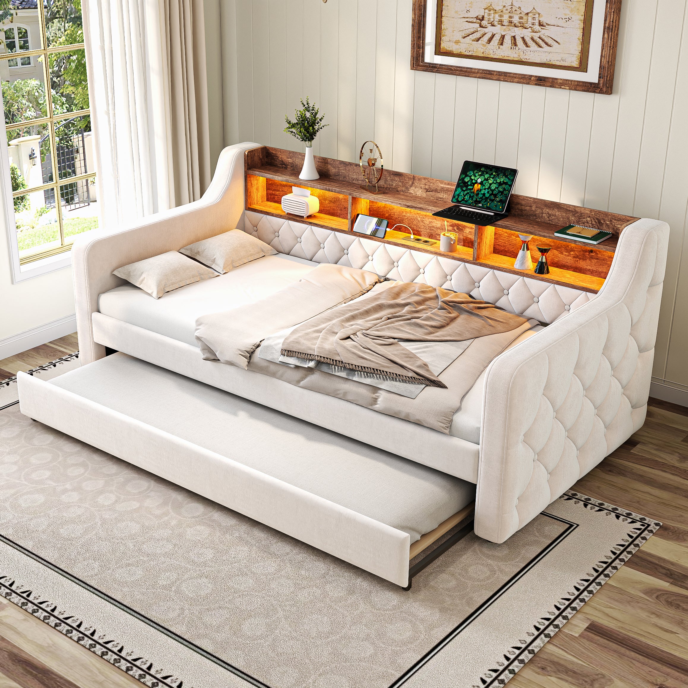 Sofa Bed Space-Saving 90x190cm Storage LED USB-C Port, Velvet Beige