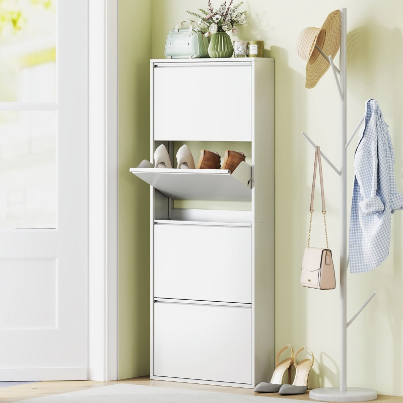 Metal Shoe Cabinet, 4 Doors Slim Shoe Rack, White