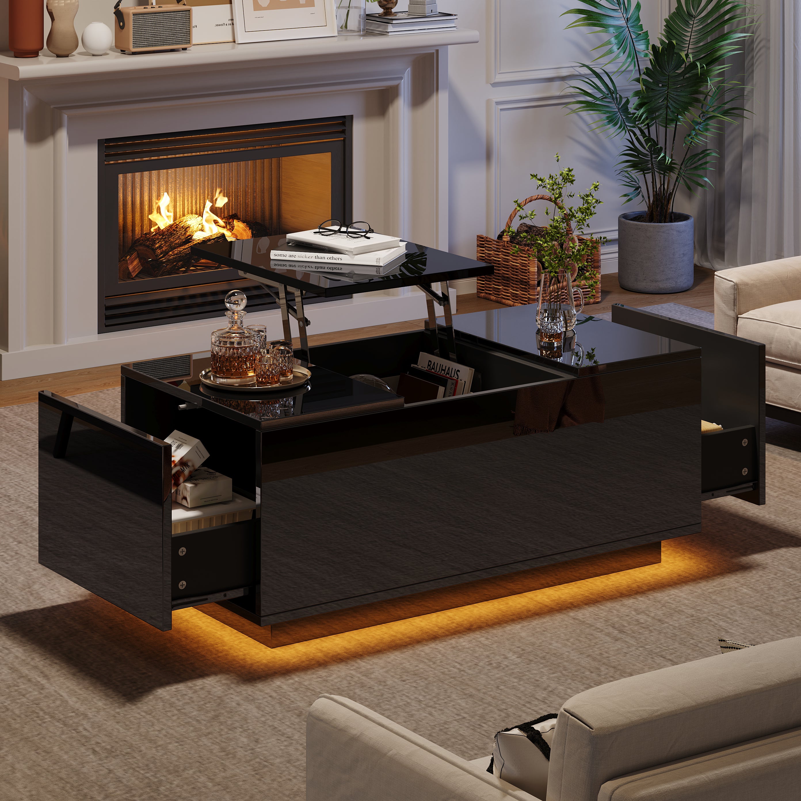 Coffee Table 95x48x40cm with Lift-Top, 2 Drawers, LED, Black