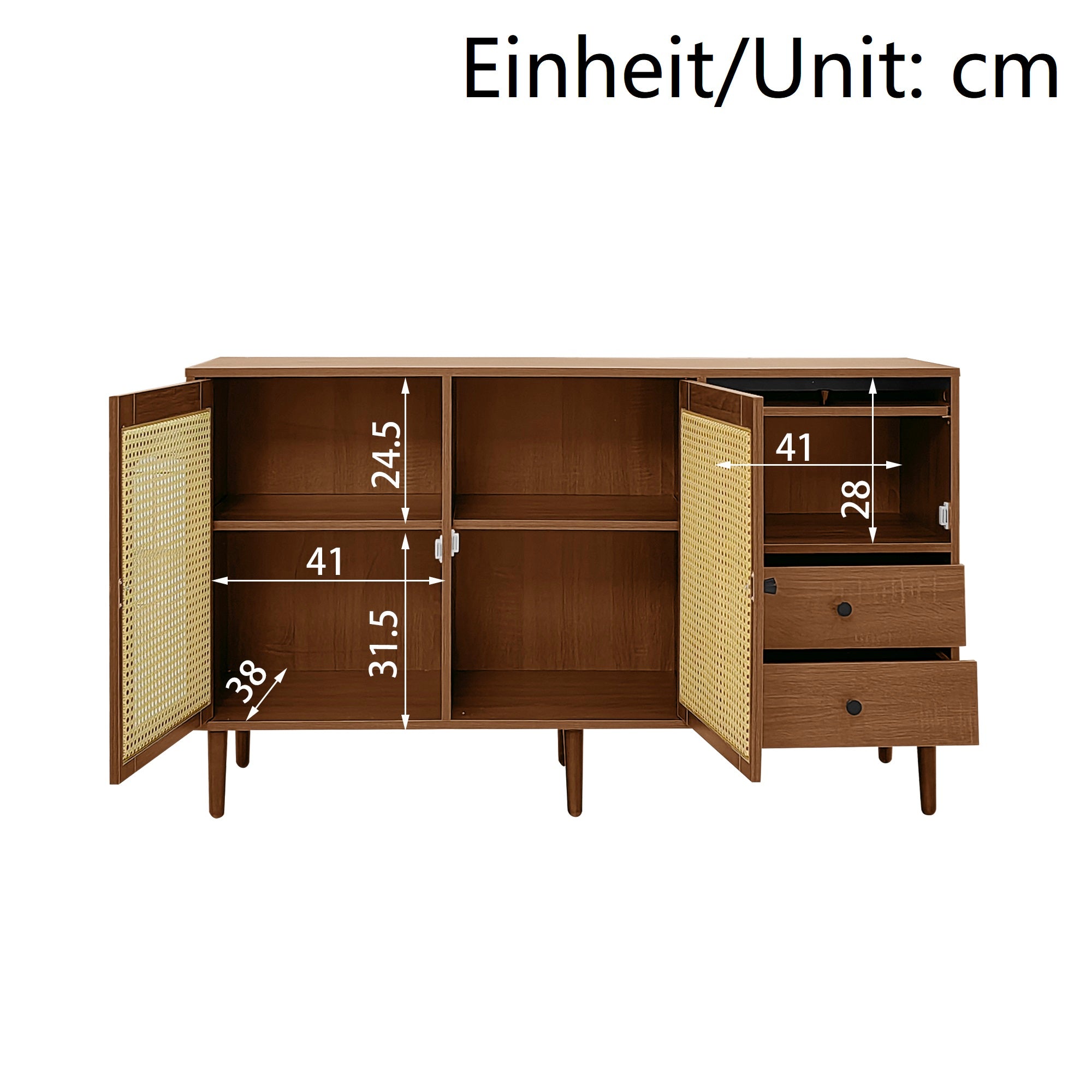 Sideboard, Country-Style with Rattan Doors, Adjustable Shelves, Wood Color