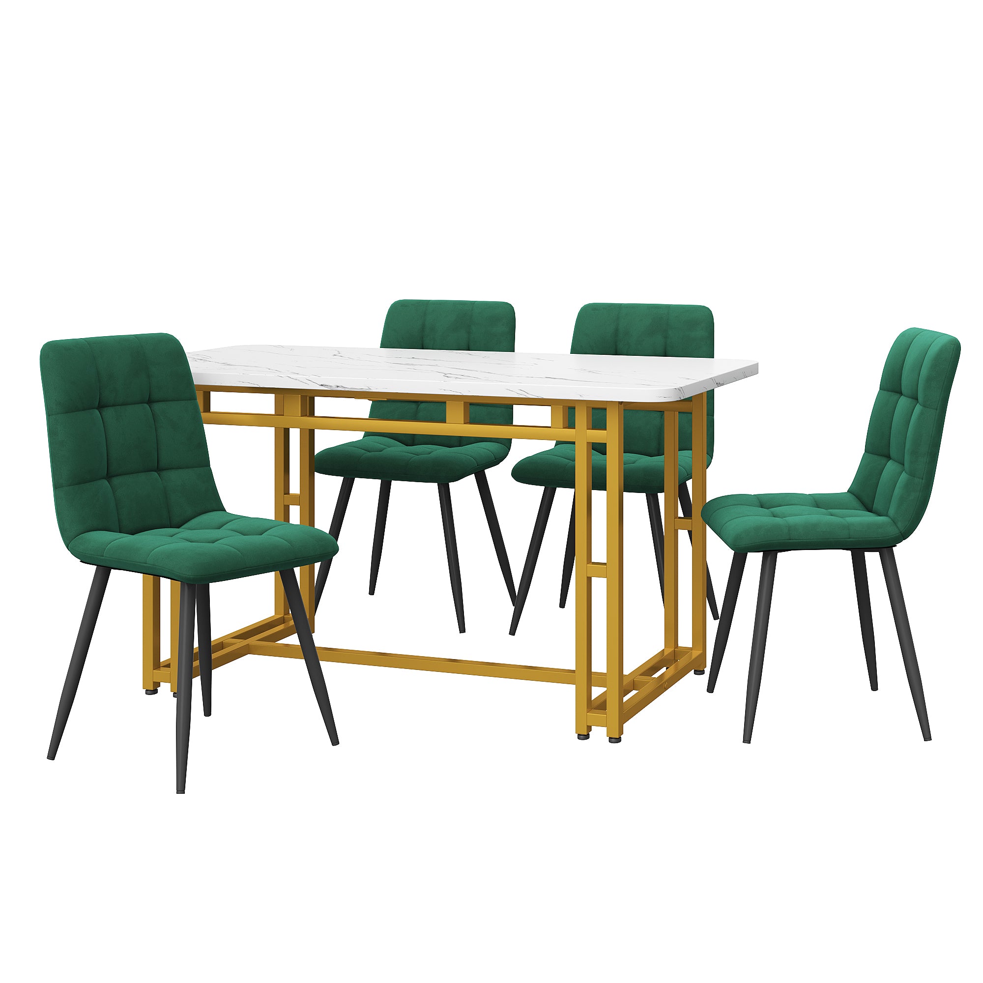 Dining Table Set, 120x70cm with 4 Chairs, Gold & Dark Green Velvet