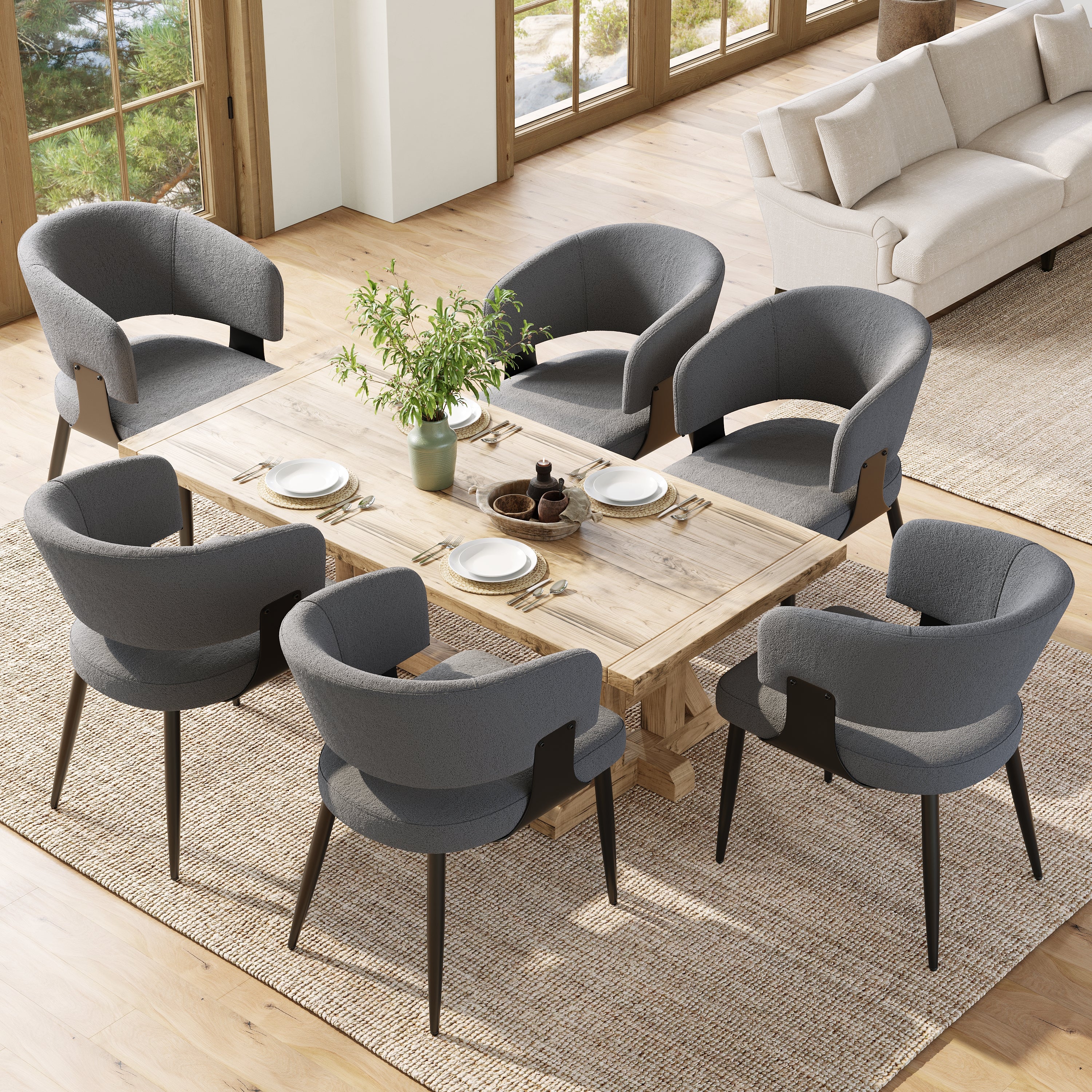 Dining Chair Set of 6, Ergonomic Design with Curved Backrest, Beige/Grey Flannel