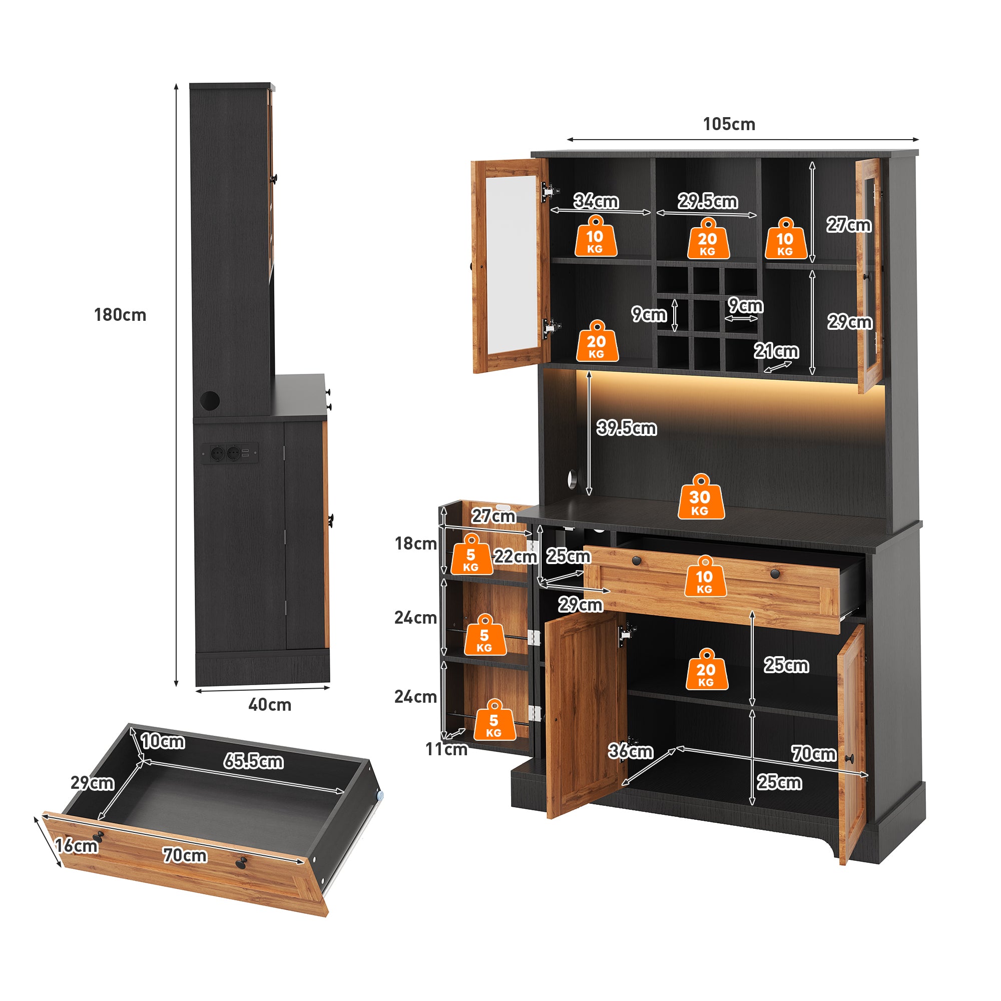 Tall Kitchen Storage Cabinet with LED Lighting and Power Outlet, White and Wood Look