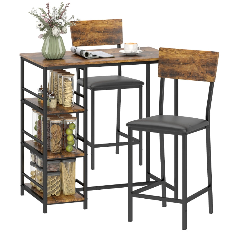 Three-Piece Compact Bar Table Set with Shelves and Upholstered Stools, Brown/Black