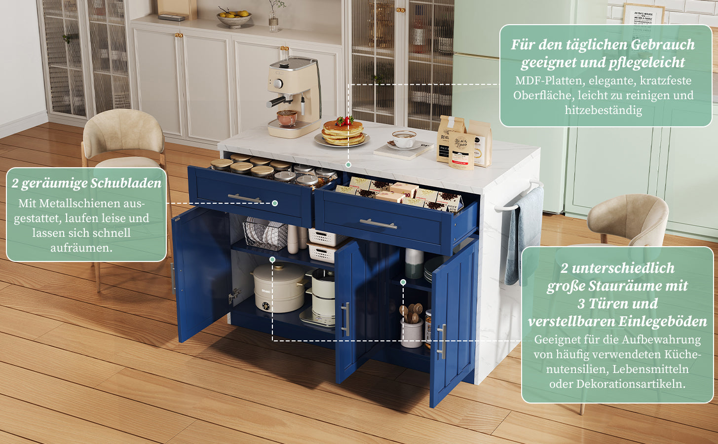 Kitchen Island with Power Outlets and Adjustable Shelves, Wood Look