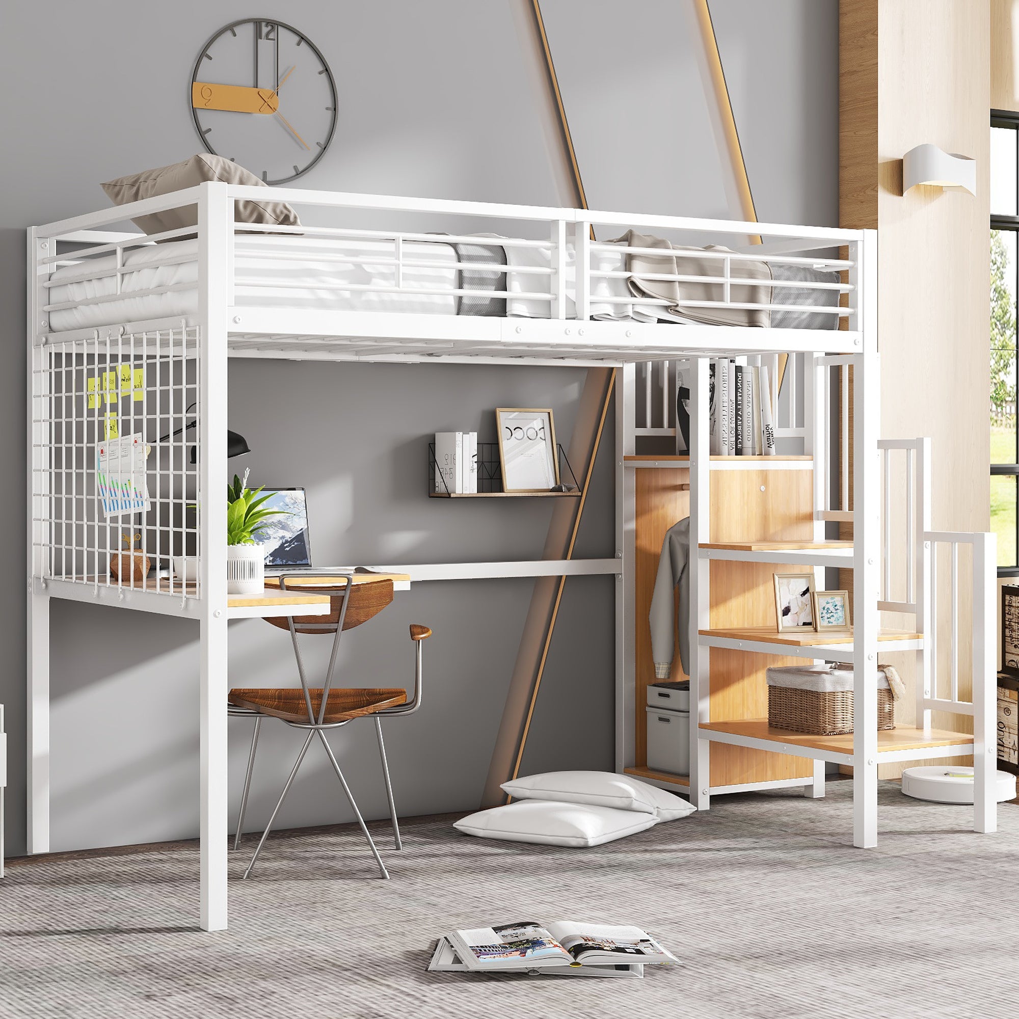 Iron Bed, Bunk/Loft with Table & Wardrobe, White + Natural