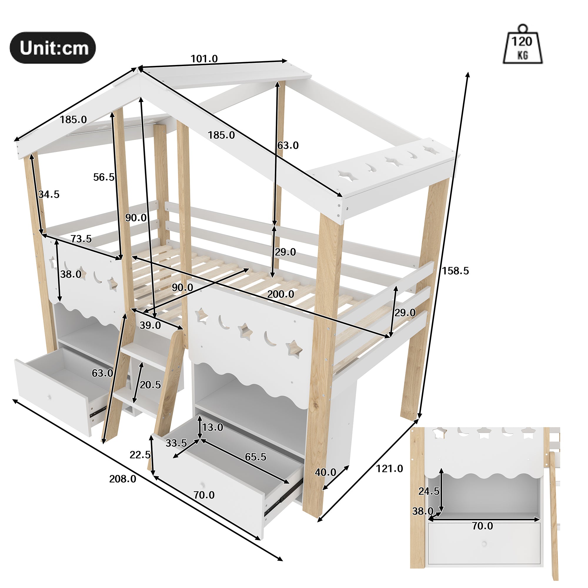 Mid-height Bed 90x200cm House Shape 2 Drawers LED Light - White/Natural