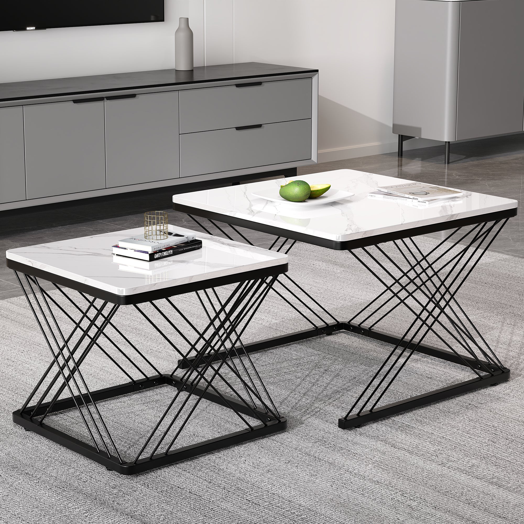 Coffee Table Set 2-Piece Square High-Gloss Marble Look