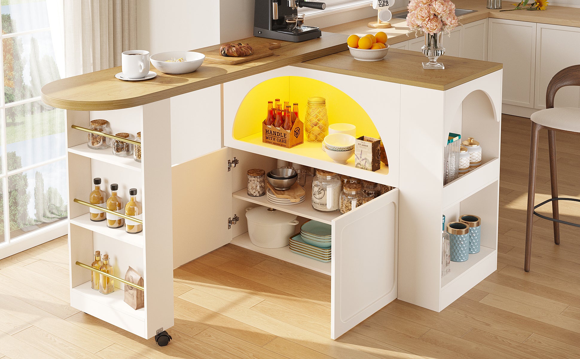 Extendable Bar Table Storage LED Curved Door Design - White