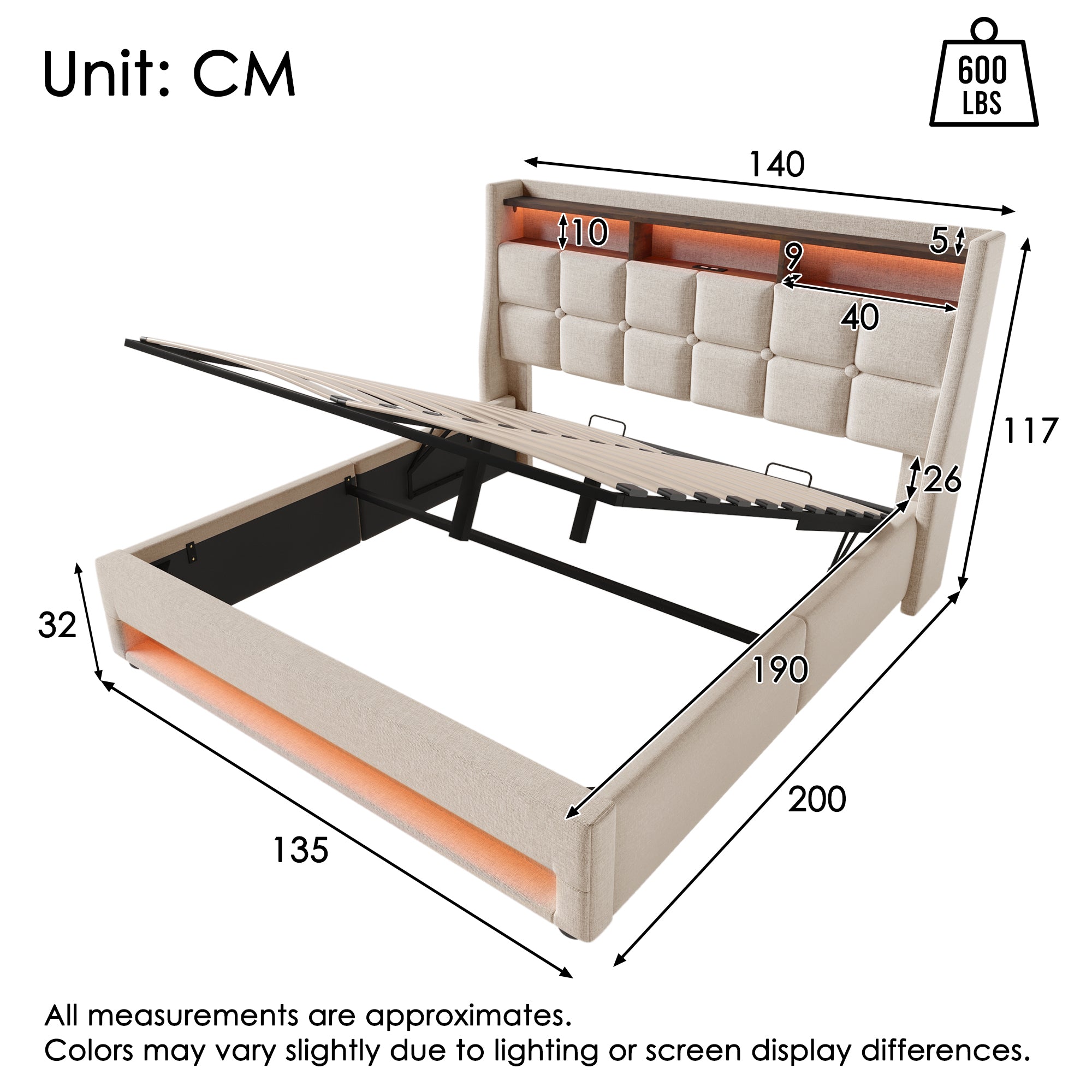 Upholstered Double Bed 4FT6 with LED Lighting, USB Type-C Charging, Storage Headboard, Beige Linen