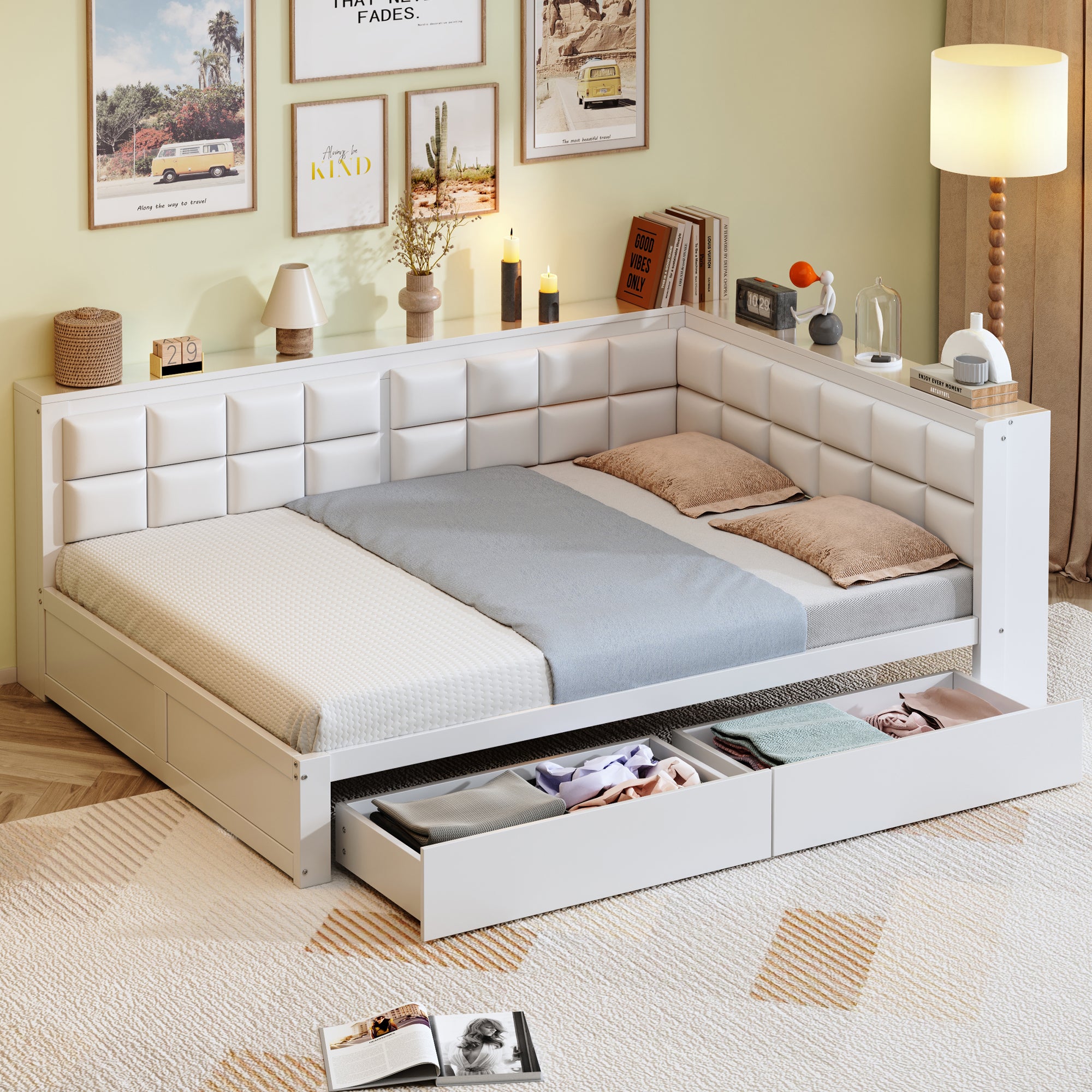 Sofa Bed, Multifunctional with Storage Drawer & Soft Backrest, Pine Wood White