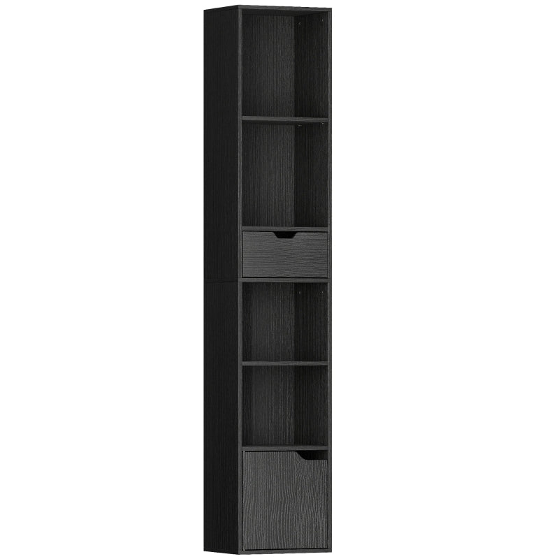 6-Tier Bookcase Narrow Shelves with Drawer and Door - Black