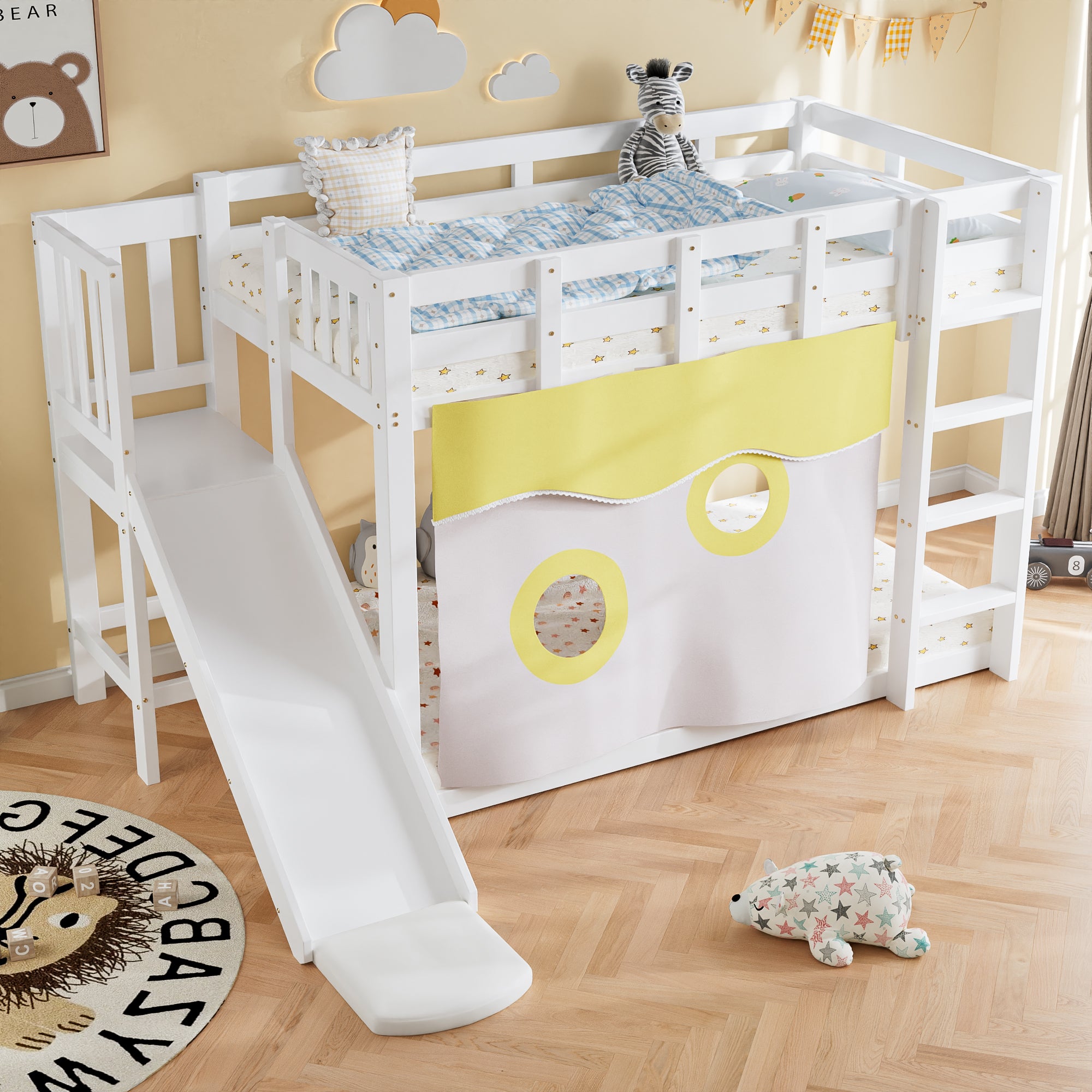 Bunk Bed with Stairs, Slide, Curtain, and Fall Protection, MDF+Pine, White