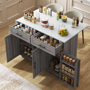 Dining Cart Sideboard Extendable White Marble Top Storage Wheels - Khaki Gray Wood Grain