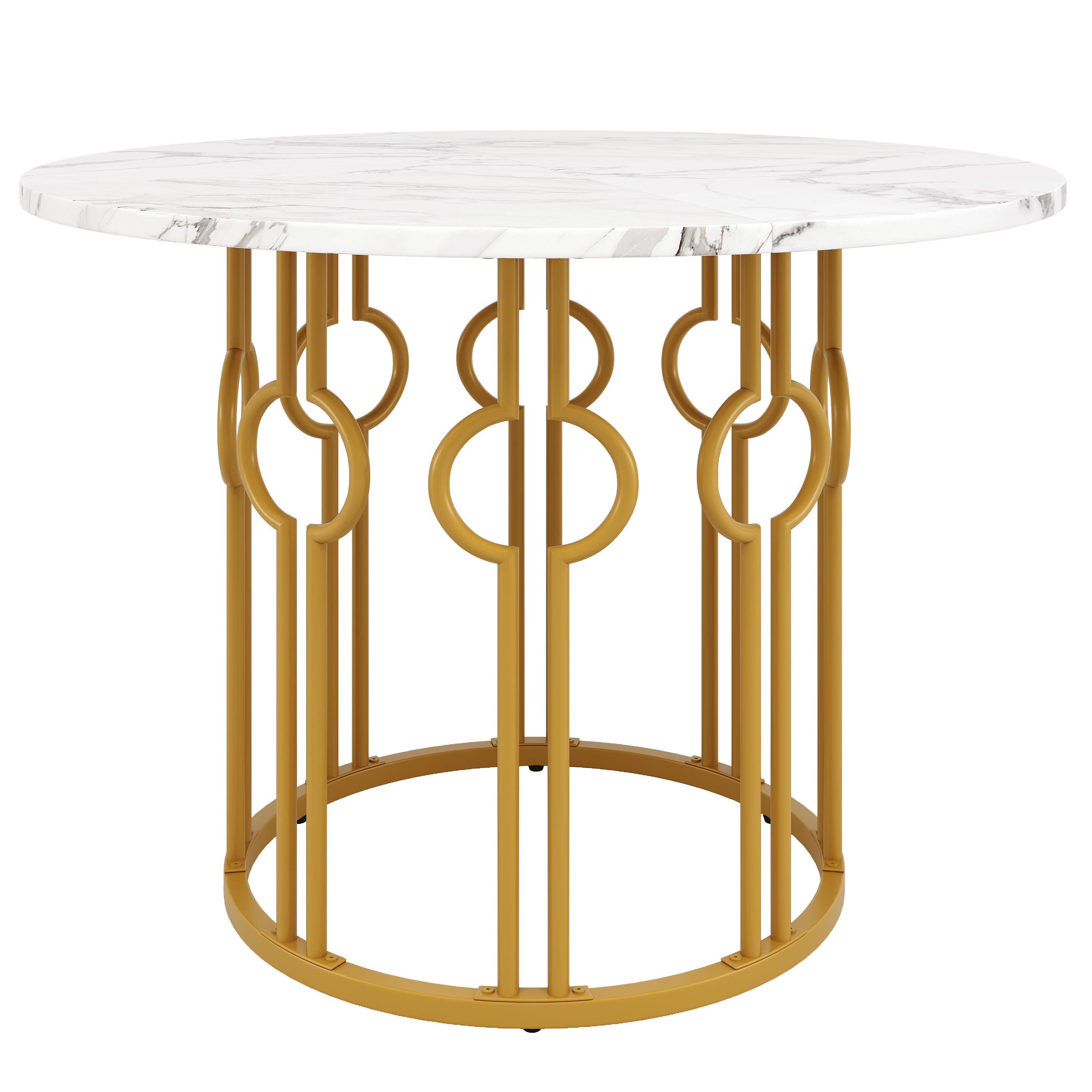Round Dining Table, 100x100x76cm, Coffee Table for 4, MDF Marbled Top, Golden Metal Legs