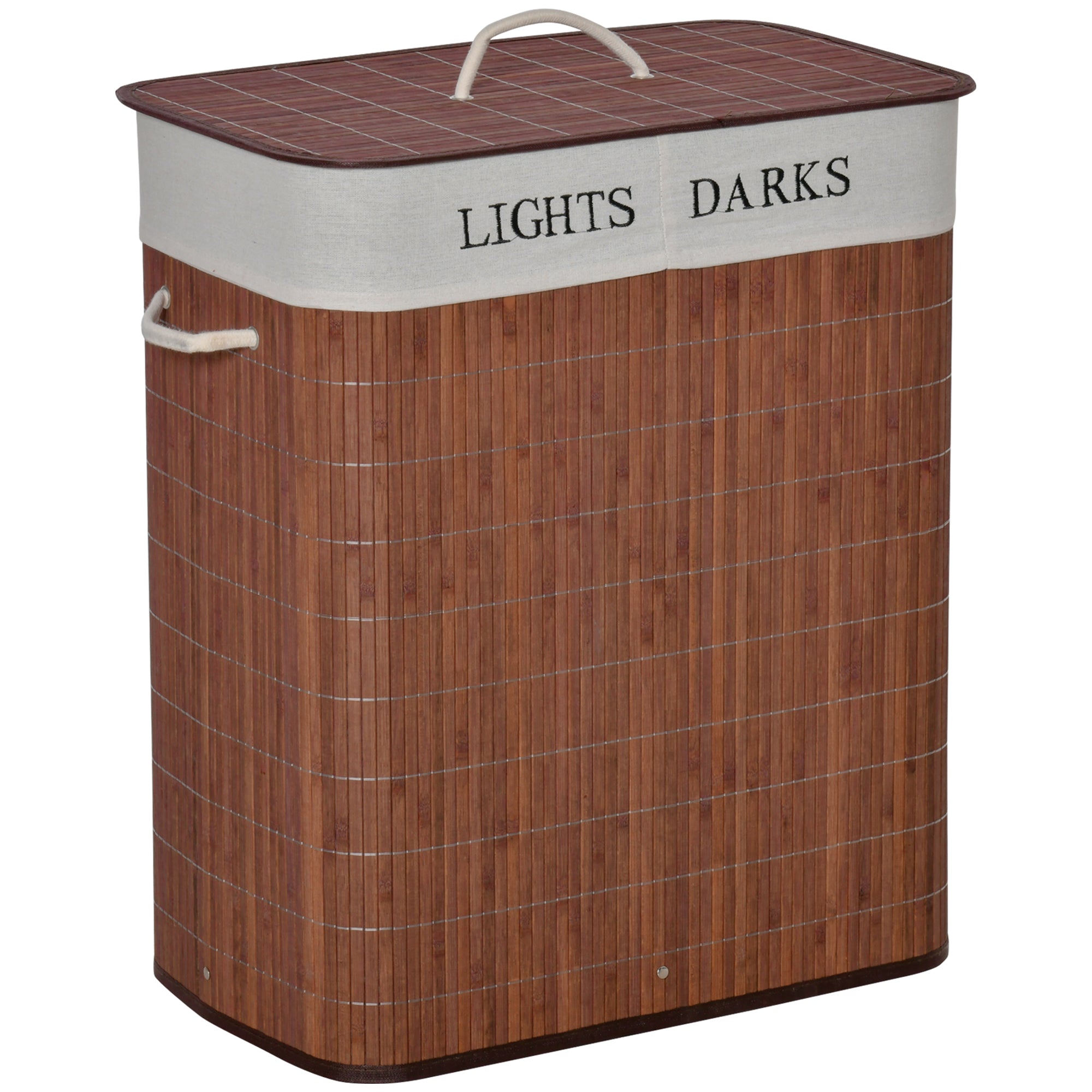 Laundry Basket Hamper 100L 3 Handles Washable Bag, Bamboo Cotton Metal Brown+White