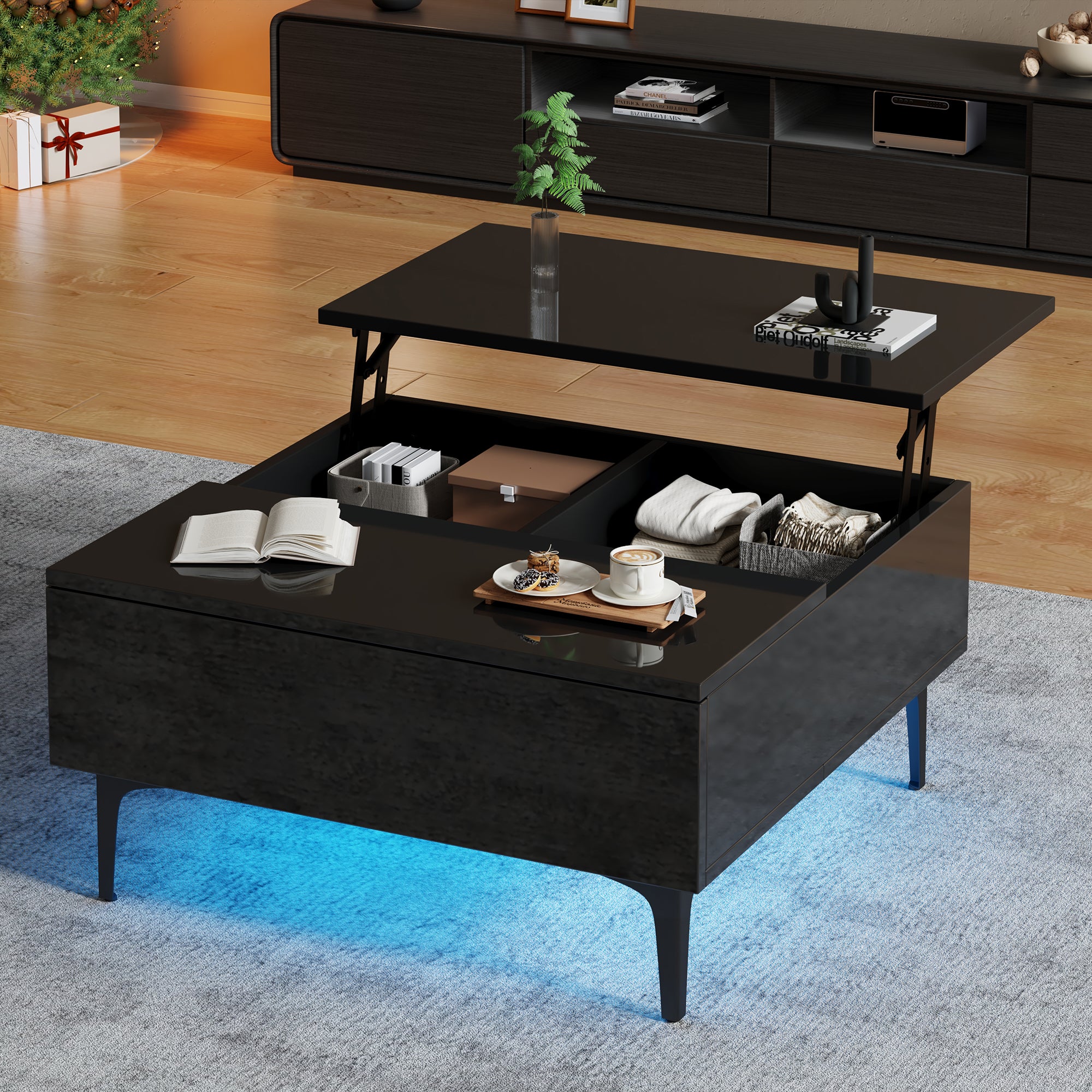 Coffee Table, 70x70x35cm Height-Adjustable with Hidden Storage & Shelves, Black High-Gloss