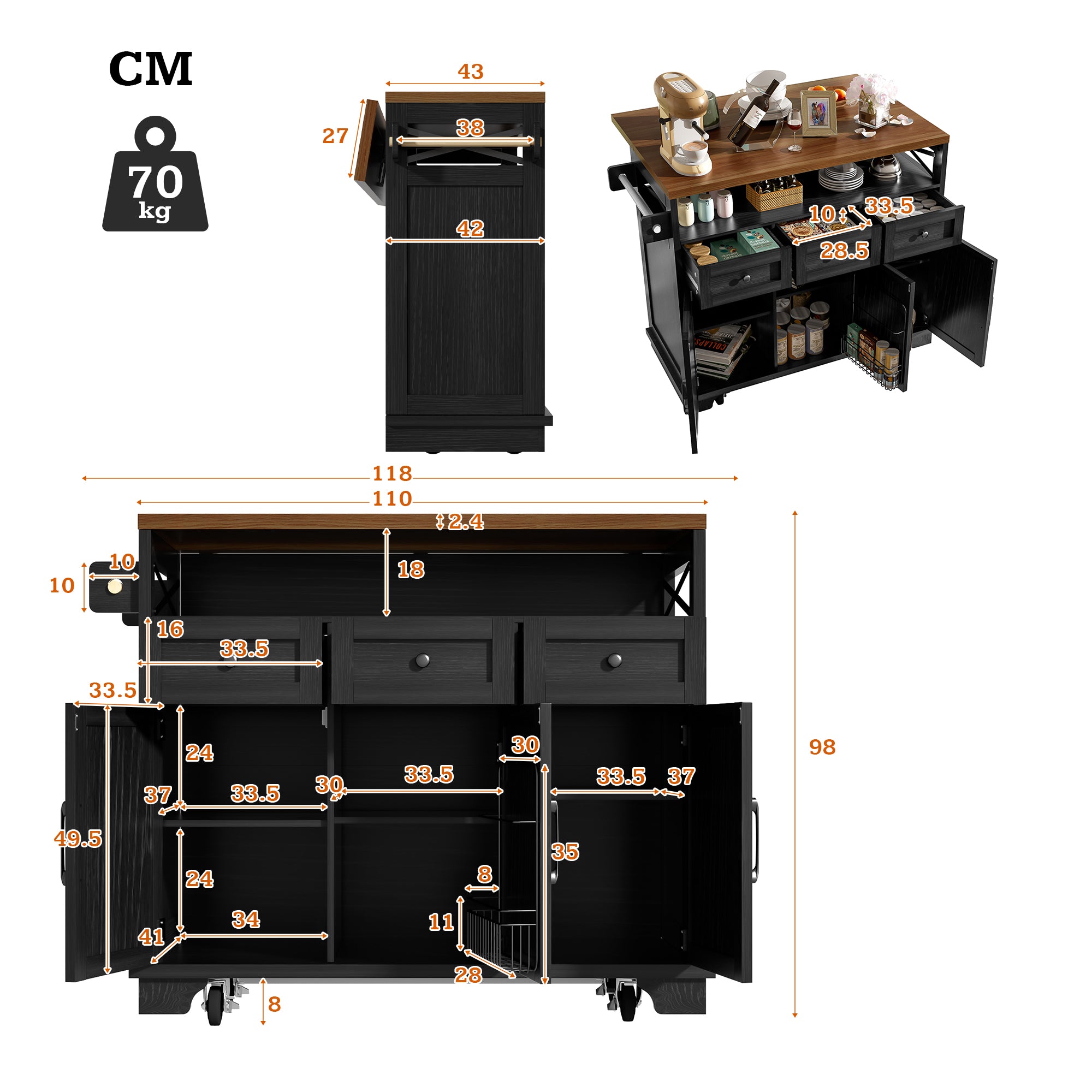 Kitchen Island Mobile Storage Cart with Dividers & Towel Rail - Wood Grain Black
