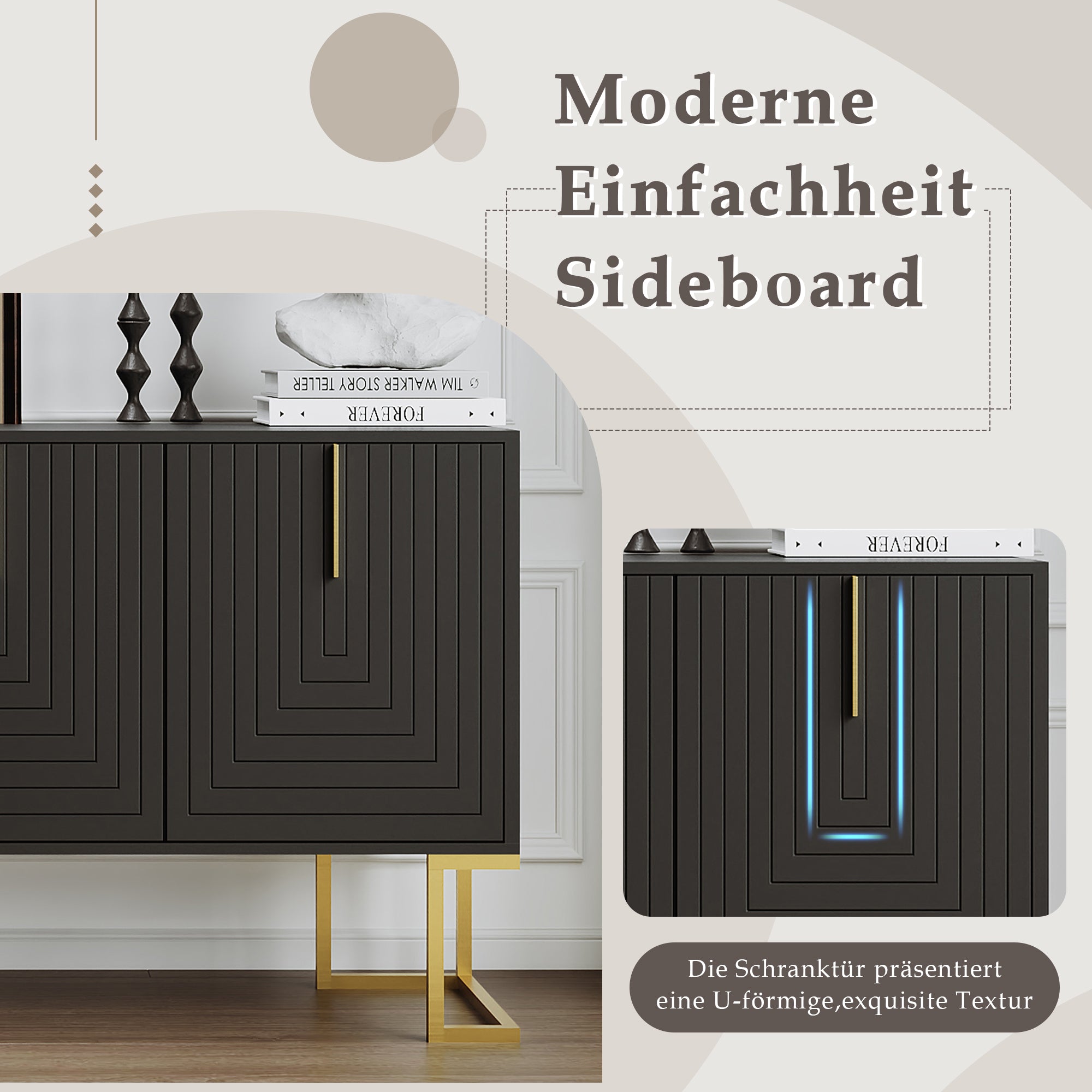 Sideboard, 3-Door with Adjustable Shelves & Metal Handles, Black