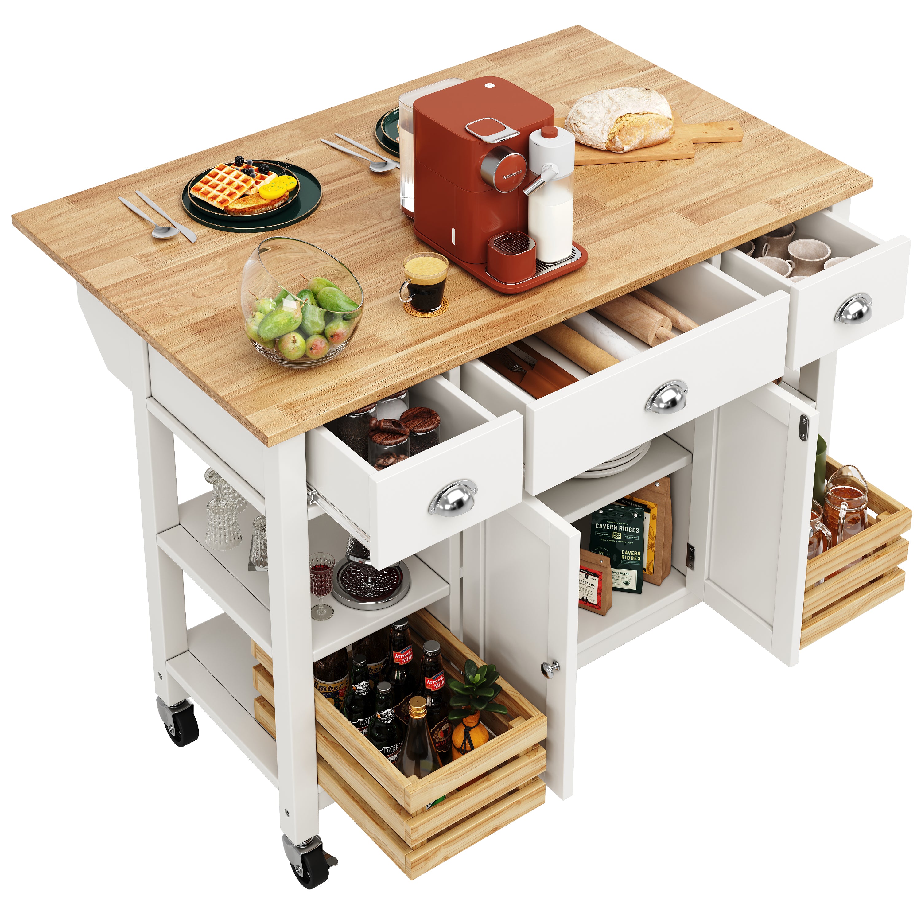 Kitchen Island Multifunctional Dining Table Trolley Cabinet Pine Storage Basket 120x45x90cm - White