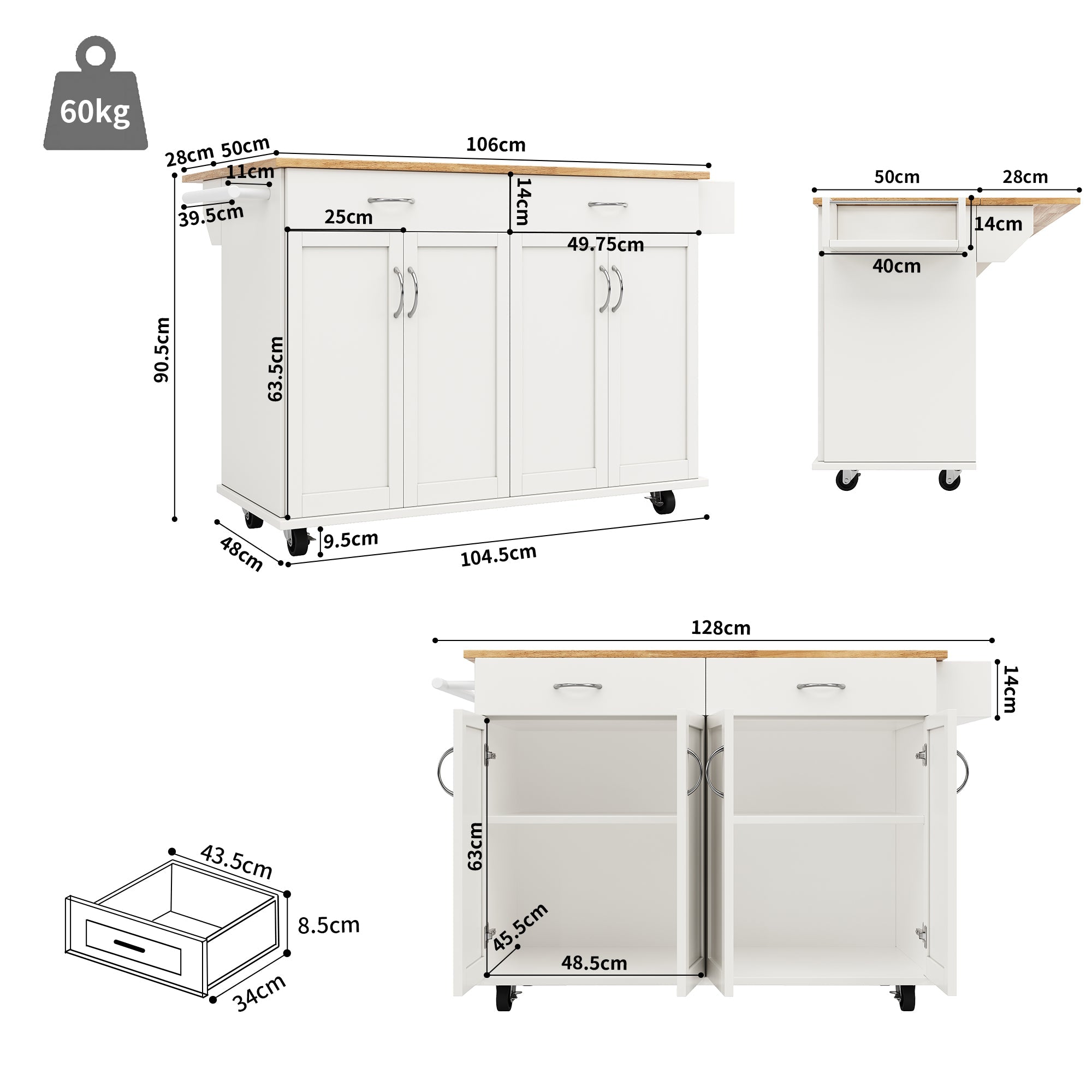 Rolling Kitchen Island Storage Trolley with Cabinet, Drawers, Adjustable Shelf, Spice & Towel Rack, White