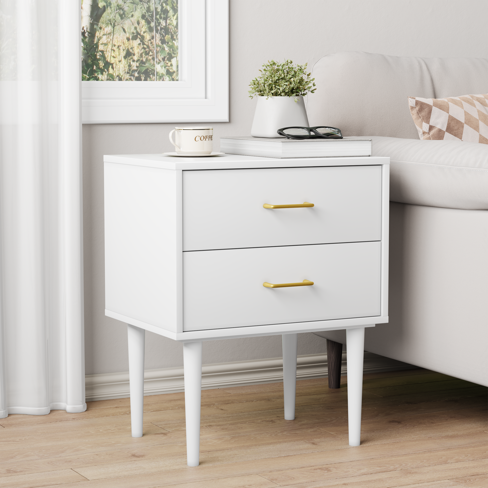 White bedside table with 2 drawers, bedroom nightstand, modern nightstand with wooden legs, 1 piece