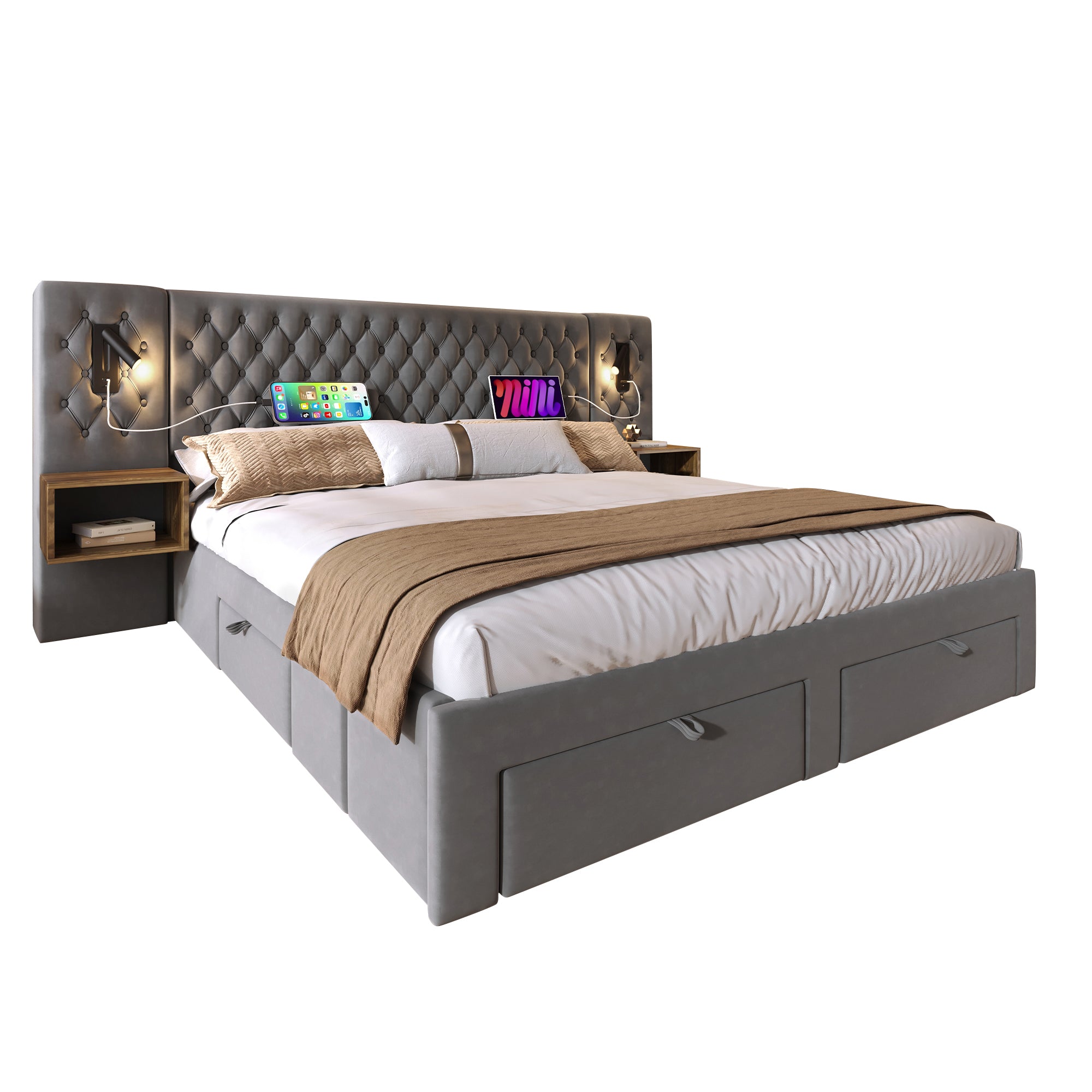 Bedroom Set, Upholstered Double Bed 160×200 cm with 2 Nightstands & 4 Drawers, Headboard Reading Light with USB Charging, Gray Velvet (With Mattress)