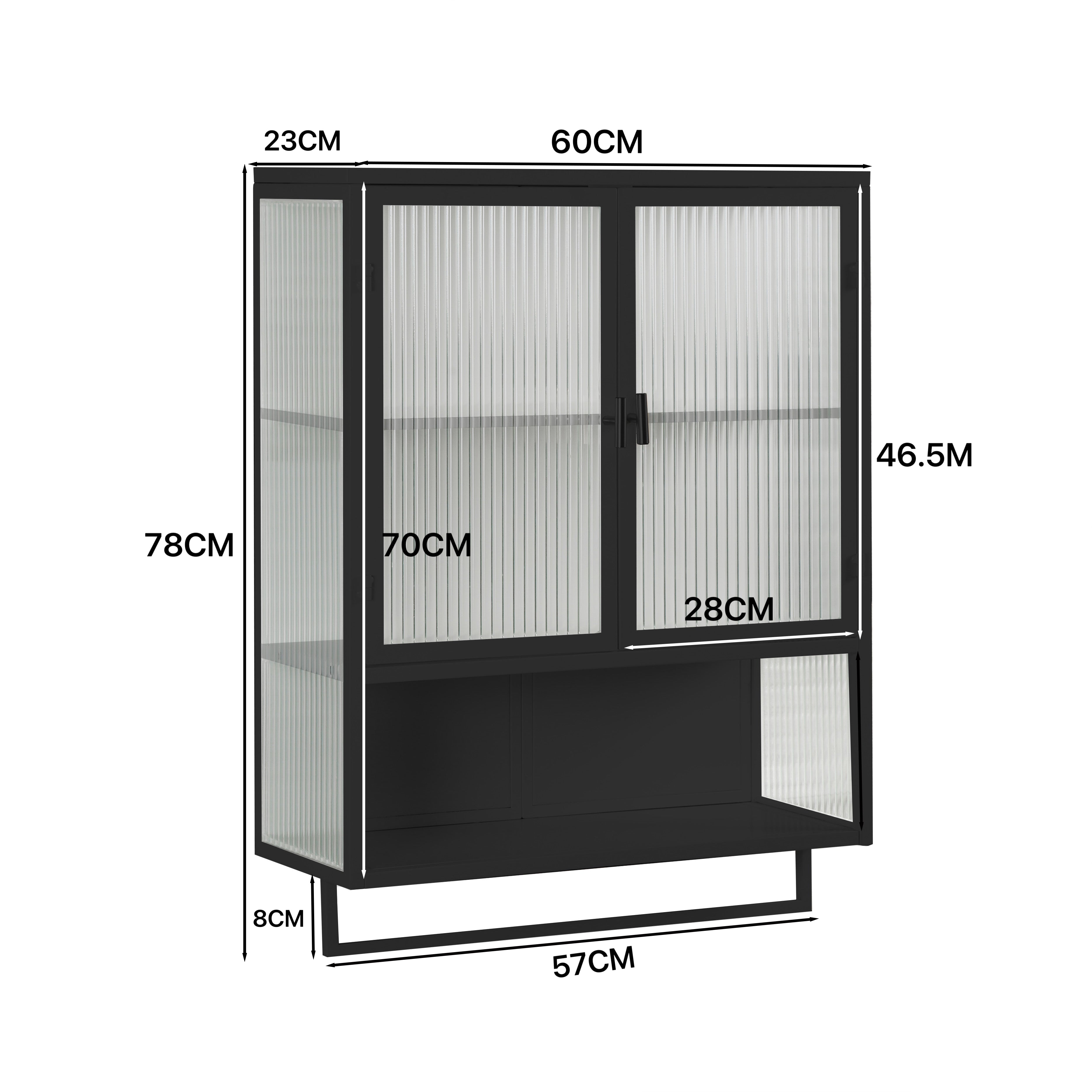 Wall Cabinet 60CM Glass Doors, Two-tier Storage, Open Shelf, Towel Rack, Black