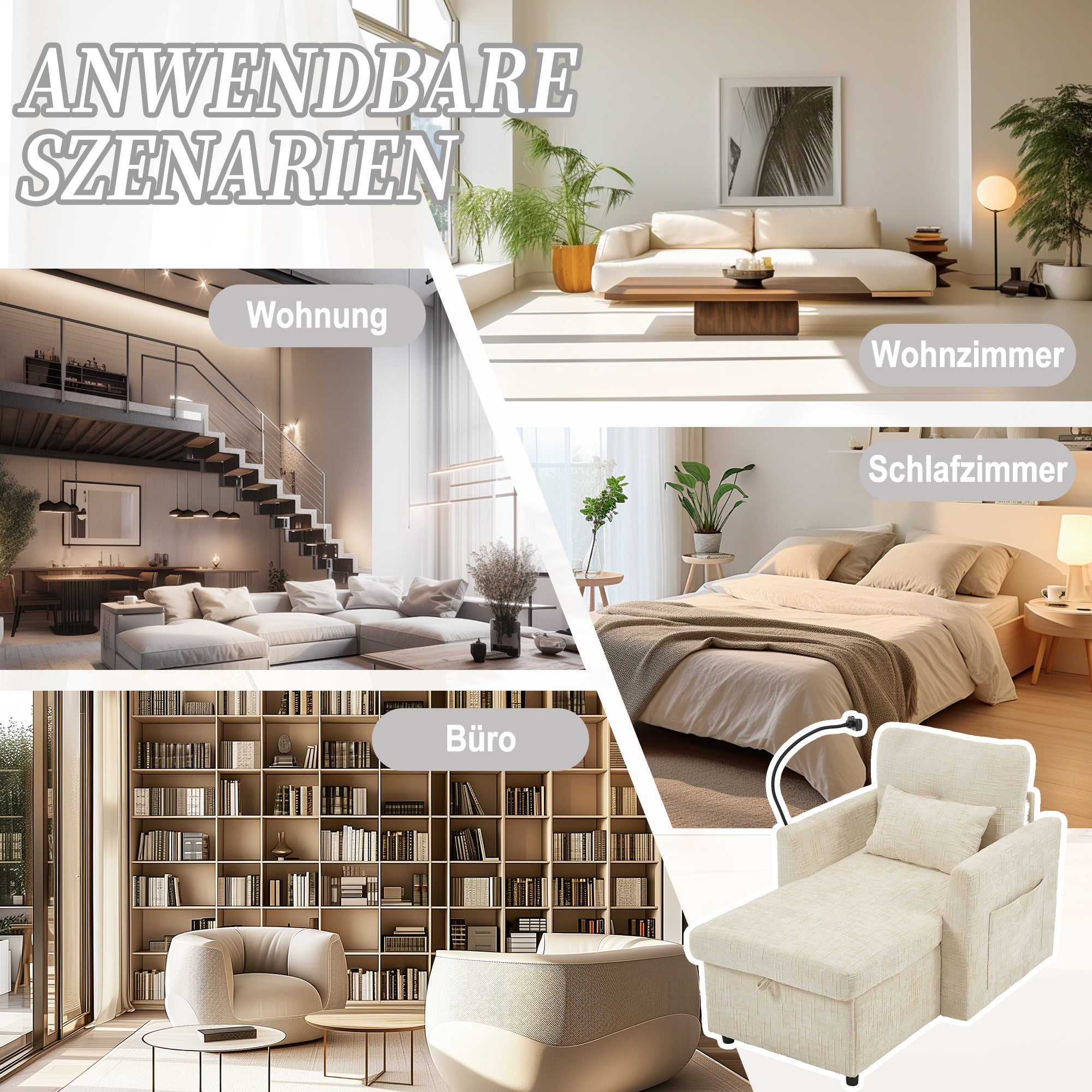 Lazy Sofa, Multifunctional Stowable Backrest with Phone Holder, Chenille