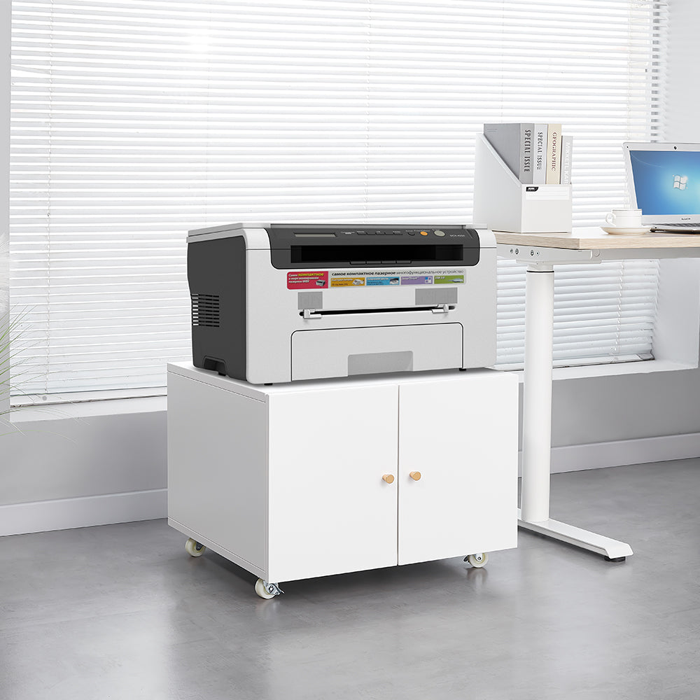 Metal Printer Stand Storage with Door, Shelf & Wheels - White